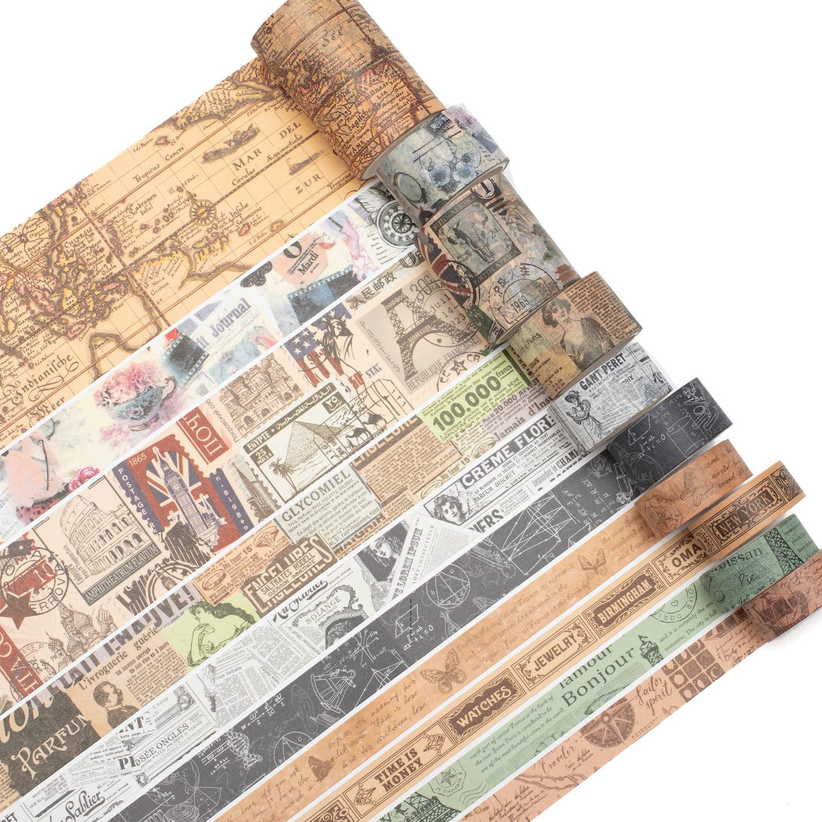 YUBX Vintage Washi Tape Set 10 Rolls Wide Decorative Antique Map Stamp Newspaper Masking Tapes for