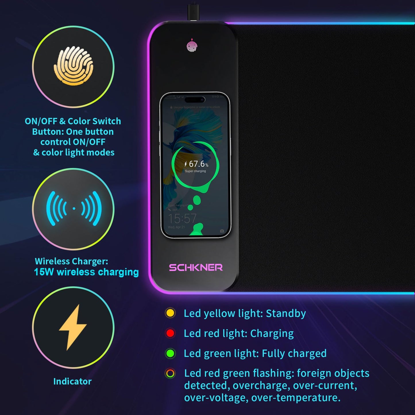 Schkner RGB Gaming Mouse Pad with Wireless Charging 15W, Large Desk Mat 800x300x4mm, 10 Light Modes