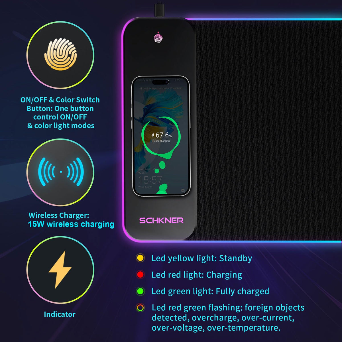 Schkner RGB Gaming Mouse Pad with Wireless Charging 15W, Large Desk Mat 800x300x4mm, 10 Light Modes