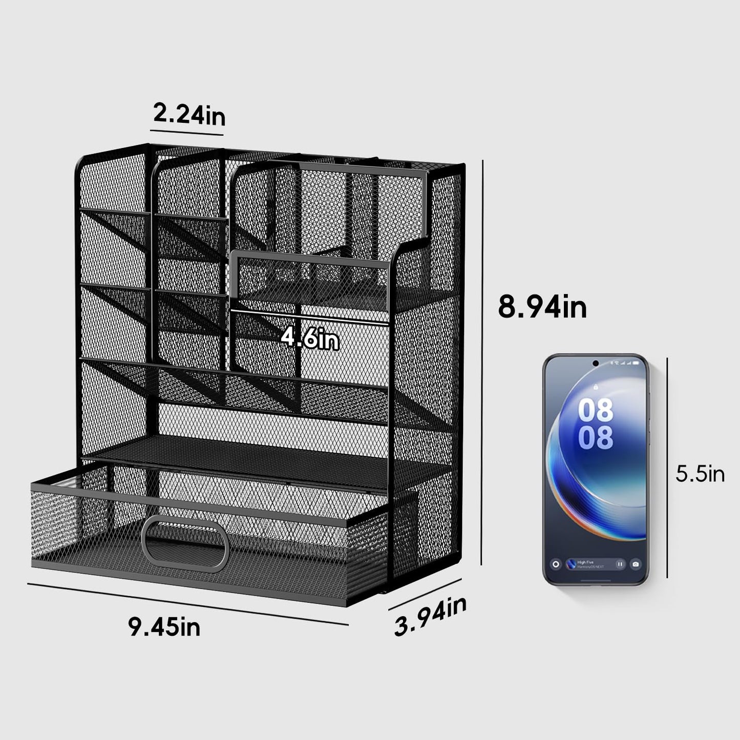 ReePlan Mesh Pen Organizer for Desk, 13 Compartments with Drawer, Black