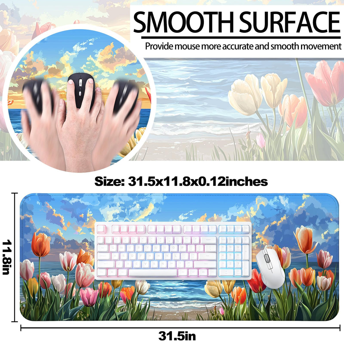 JIANG100 Tulips with Ocean Waves Gaming Desk Mat, Extended Mouse Pad, XL