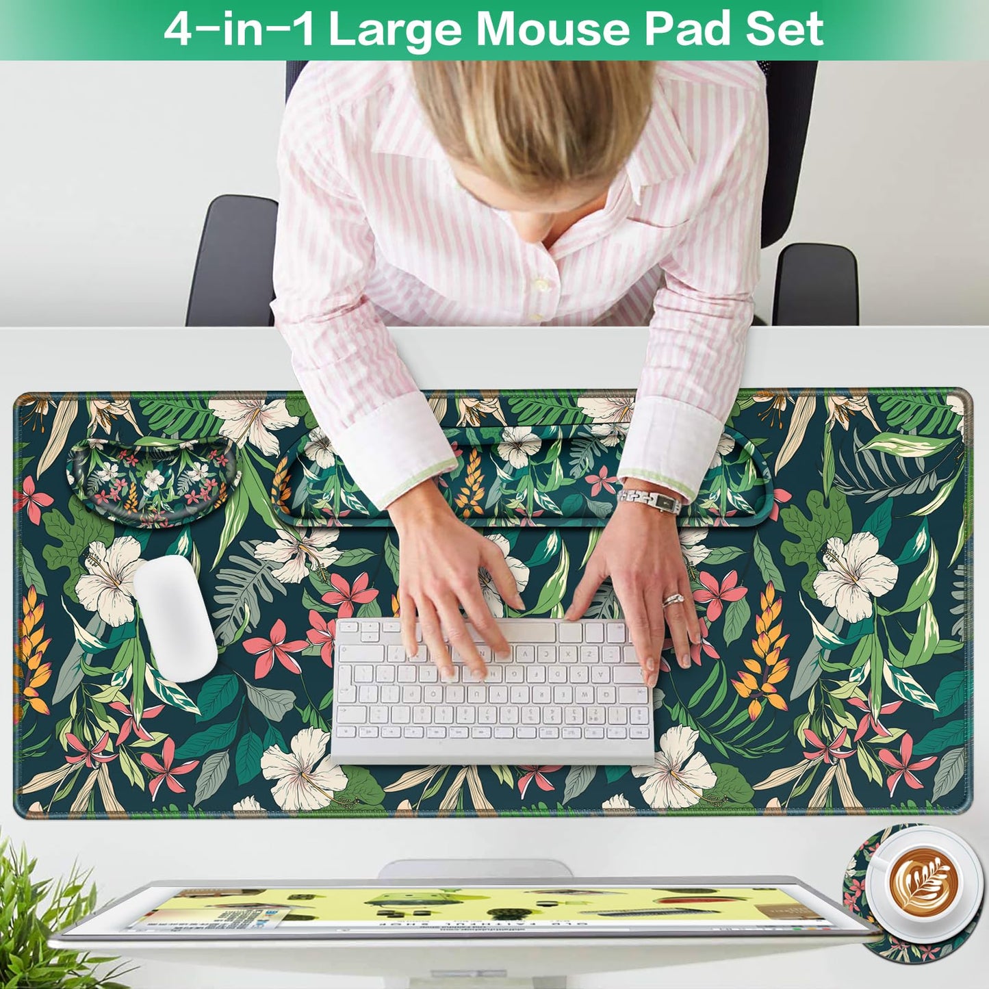 Desk Mat Floral, Large Gaming Mouse Pad with Wrist Rest, 4in1 XXL