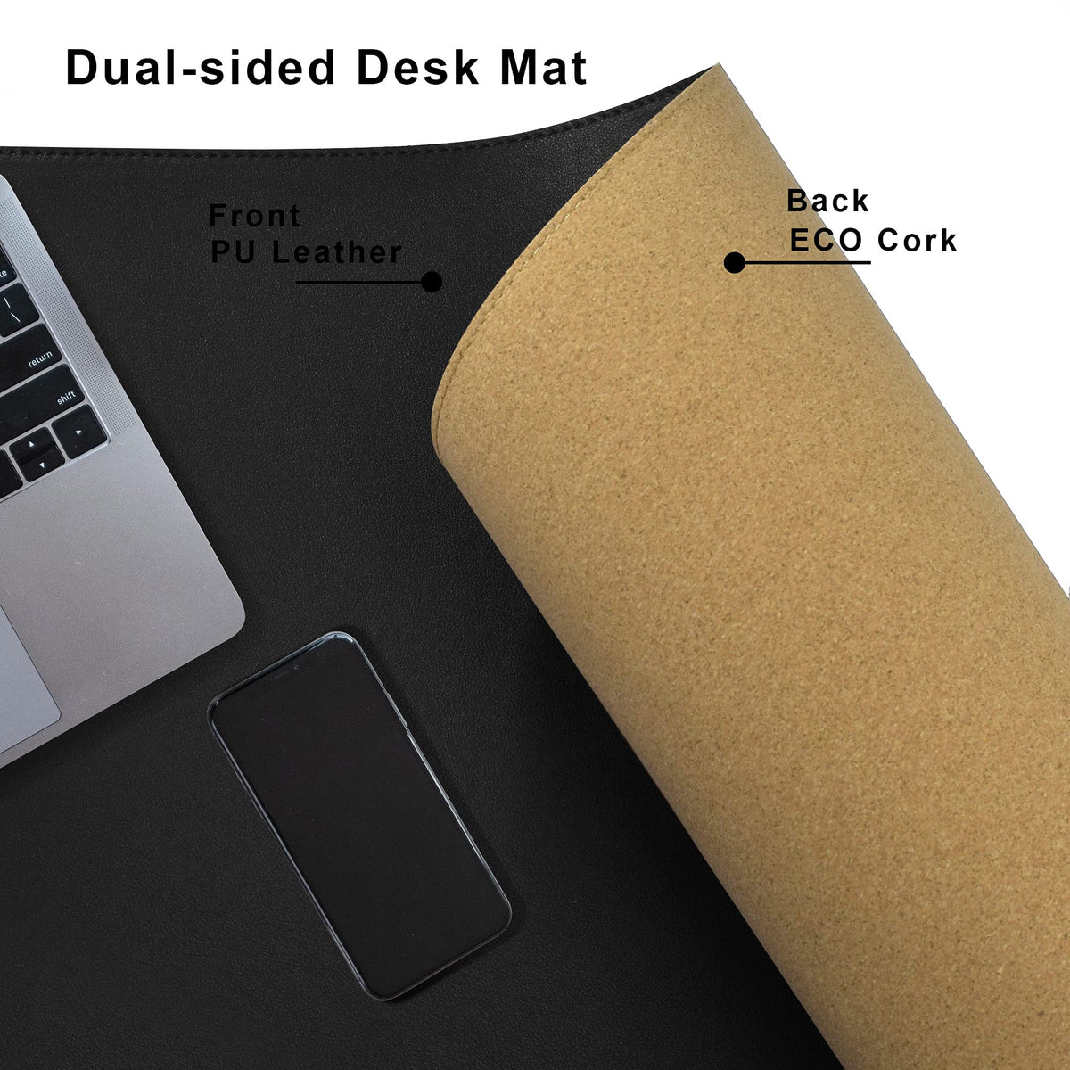 Cacoy 48"x24" Dual-Sided Desk Pad Blotter, Cork & PU Leather Desk Mat,Black