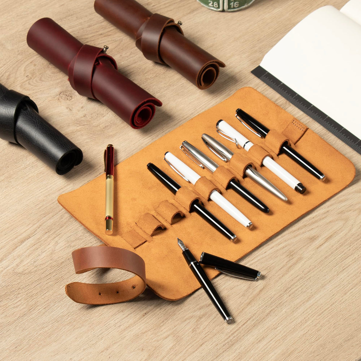 Londo Genuine Leather Retro Pen and Pencil Case - Metal Snap Fastener, Pencil Pouch Stationery Bag