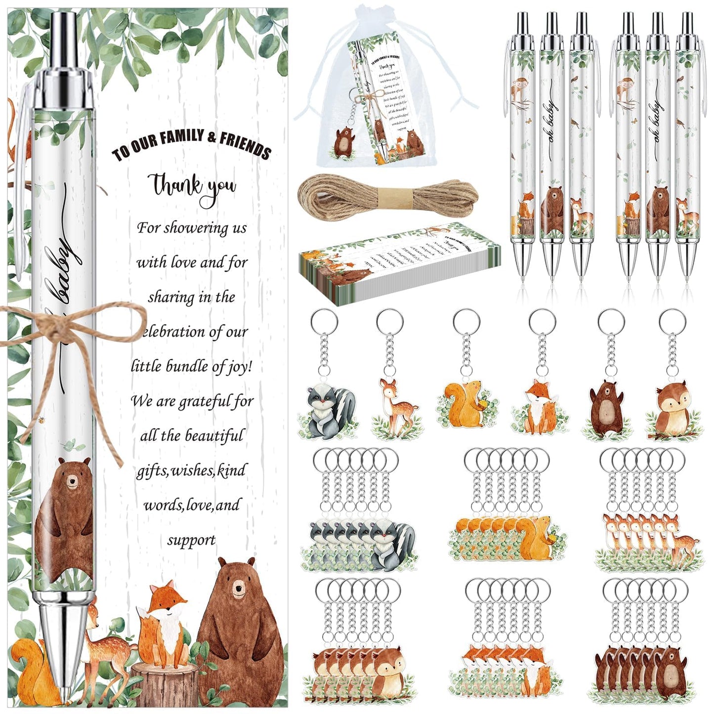 145 Pieces Woodland Baby Shower Favors for Guest Woodland Animals Ballpoint Pens and Keychains