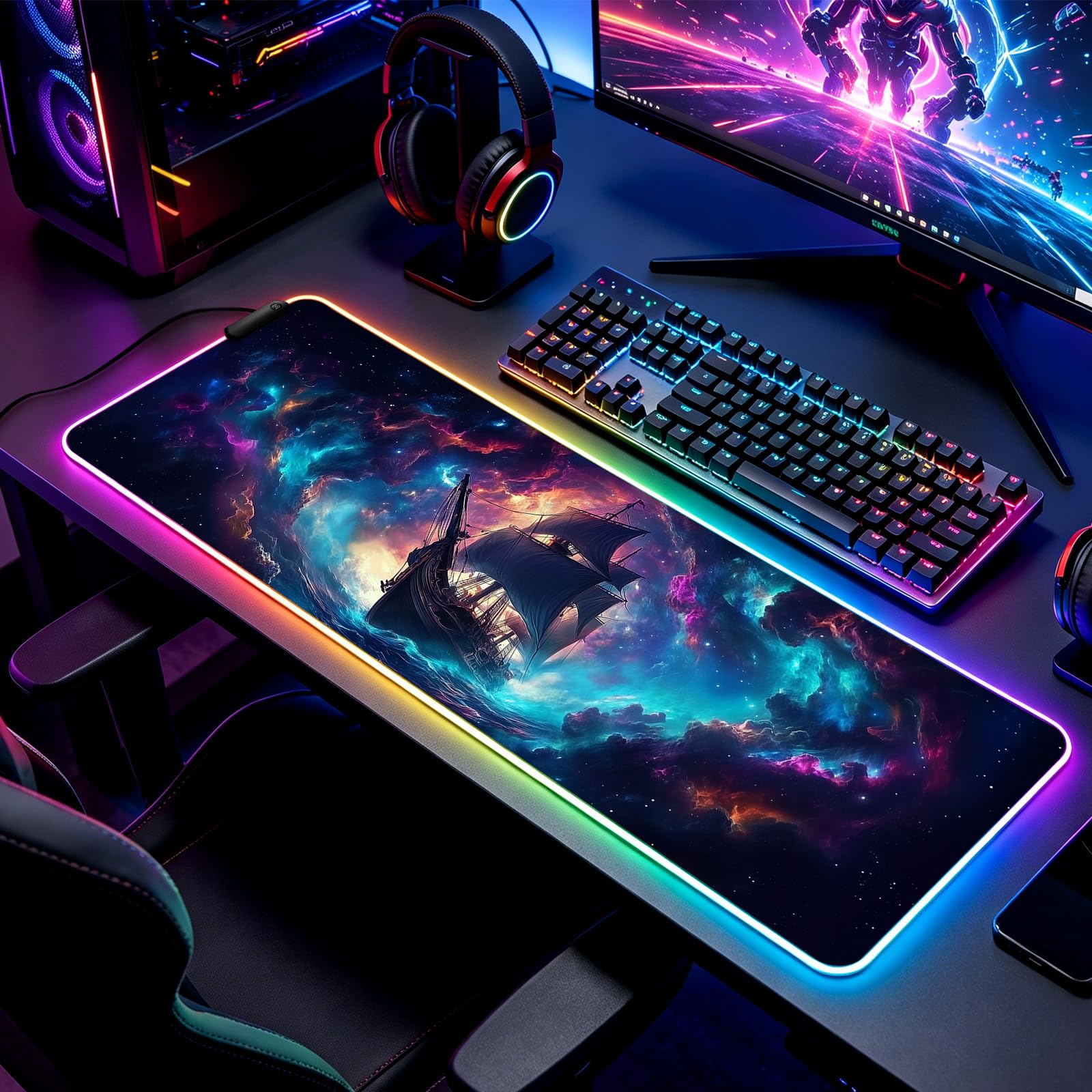 JIANG100 RGB Fantasy Nebula Pirate Ship Gaming Desk Mat & Mouse Pad, XL