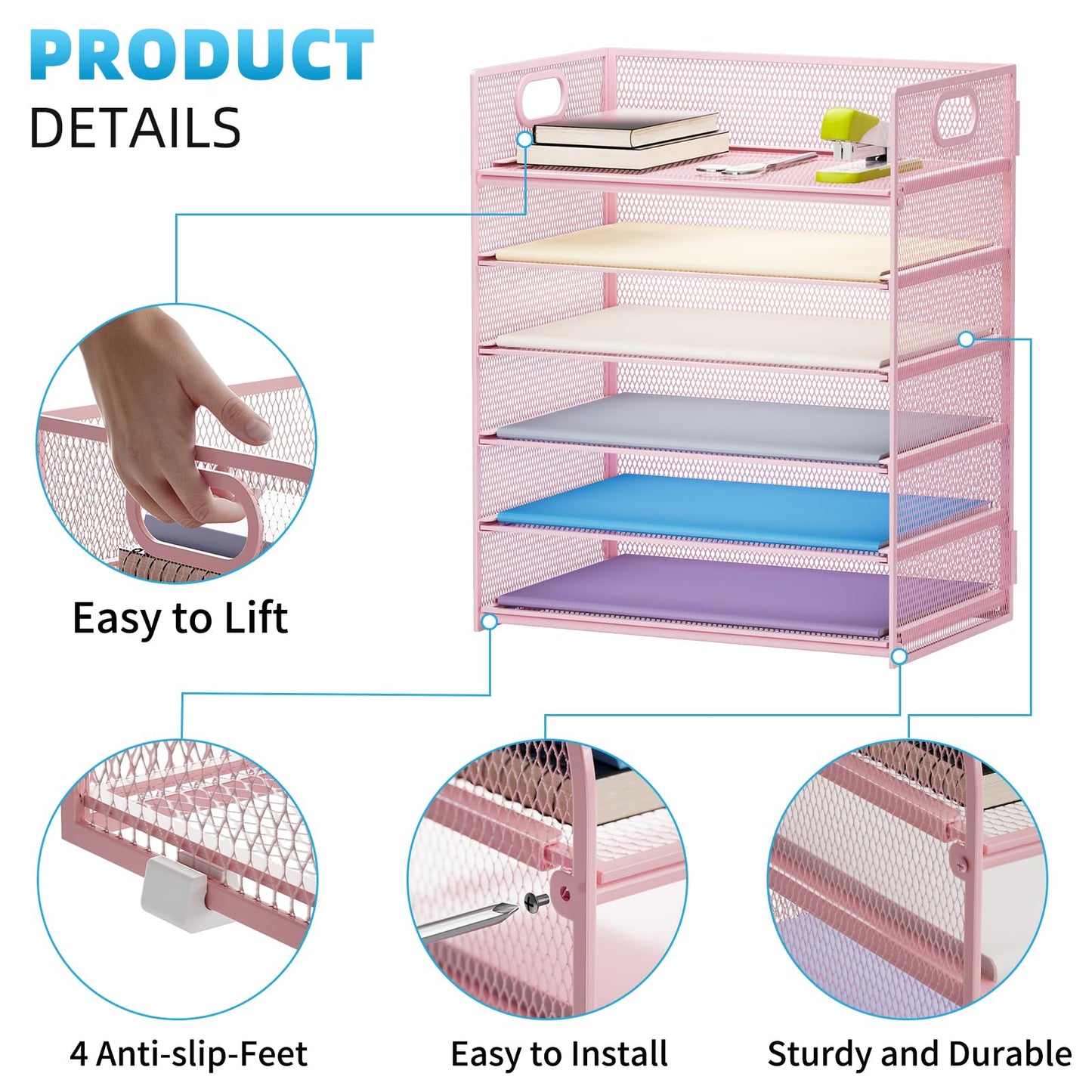 Marbrasse 6 Tier Paper Organizer Letter Tray - Mesh Desk File Organizer with Handle, Paper Sorter