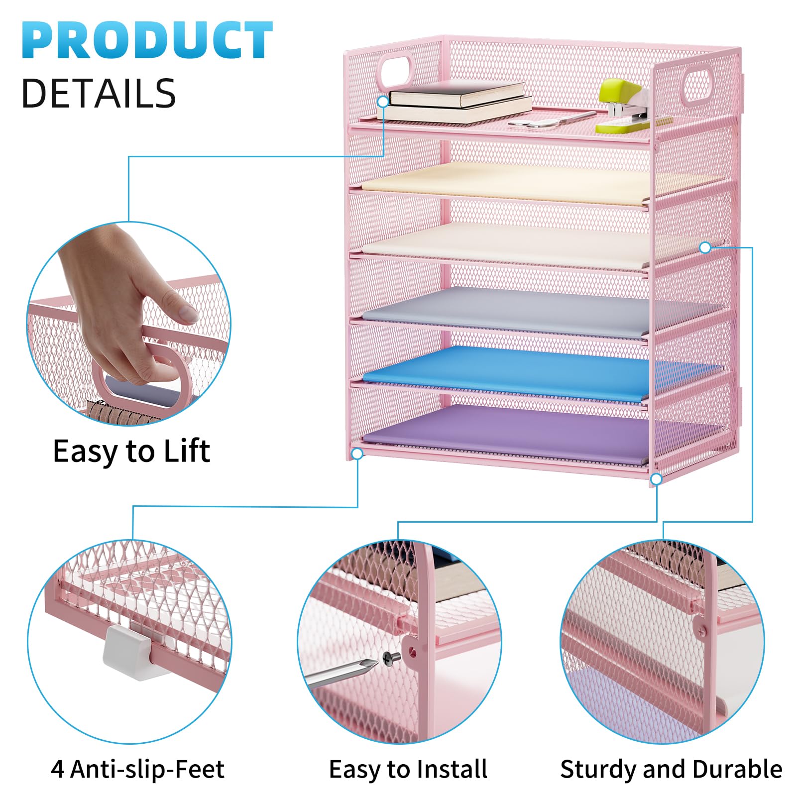 Marbrasse 6 Tier Paper Organizer Letter Tray - Mesh Desk File Organizer with Handle, Paper Sorter