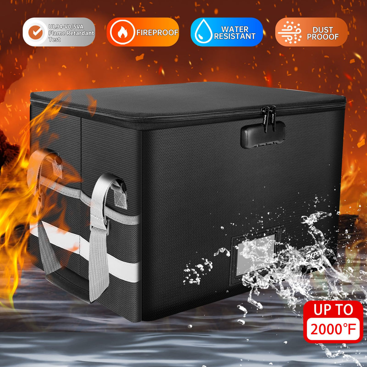 ENGPOW File Box with Lock,Fireproof Document Box with Zipper＆Pockets,Collapsible File Organizer