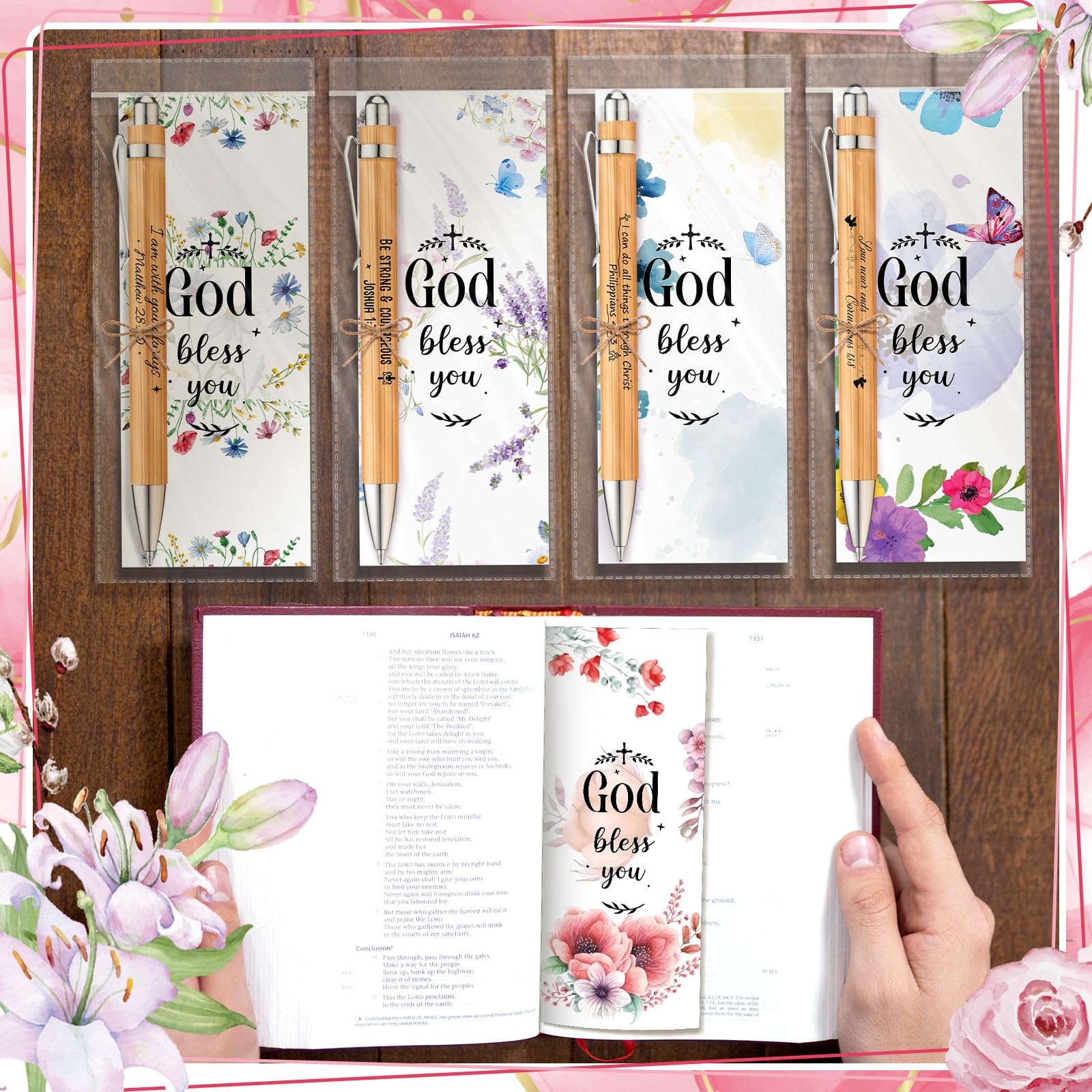 50 Set Bible Verse Bamboo Pens with Prayer Bookmarks Cards Christian Gifts Bulk Religious Church