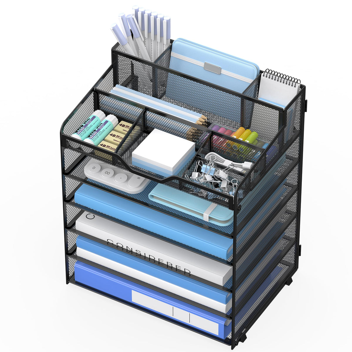 OrgMate 6 Tier Mesh Paper Desk Organizer with Pen Holders, Black