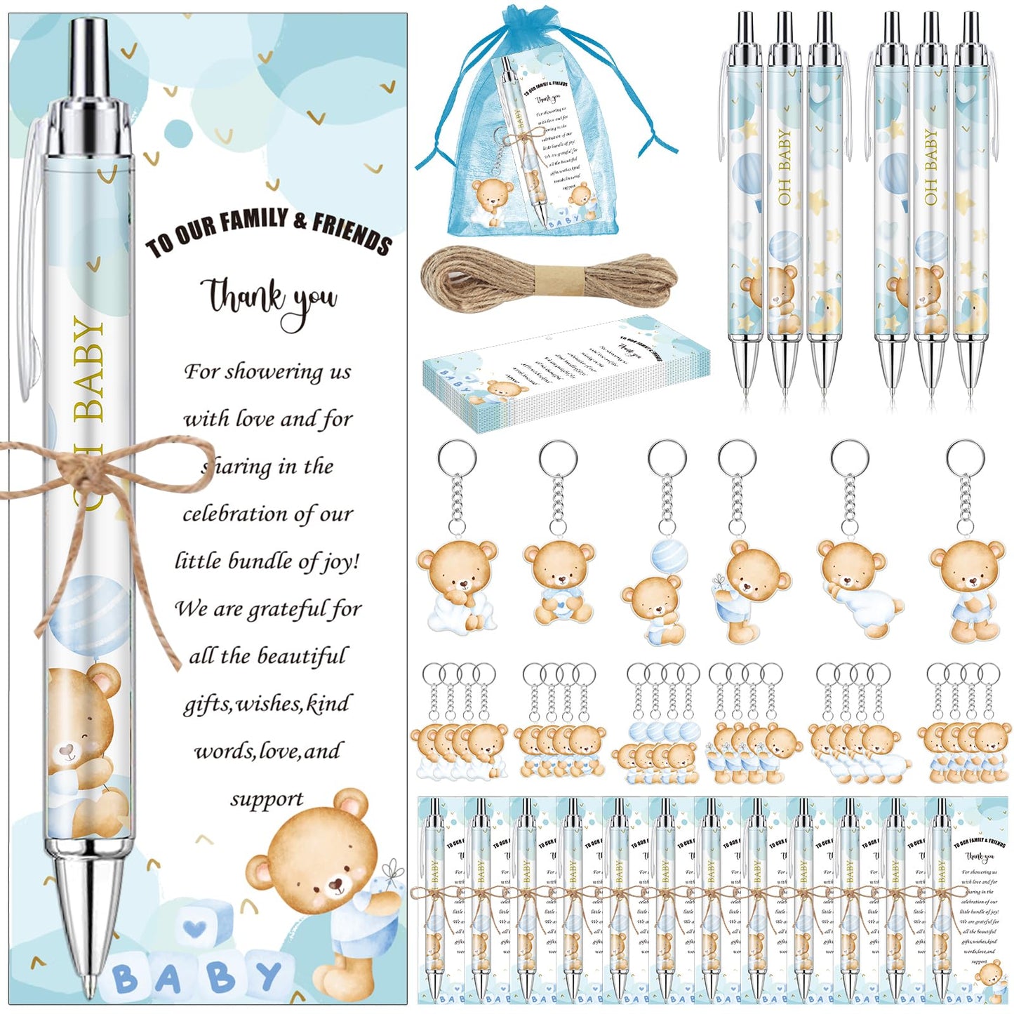 EYNDYN 289 Pieces Baby Shower Gifts for Guest Blue Bear Ballpoint Pens and Keychains Favors Bulk
