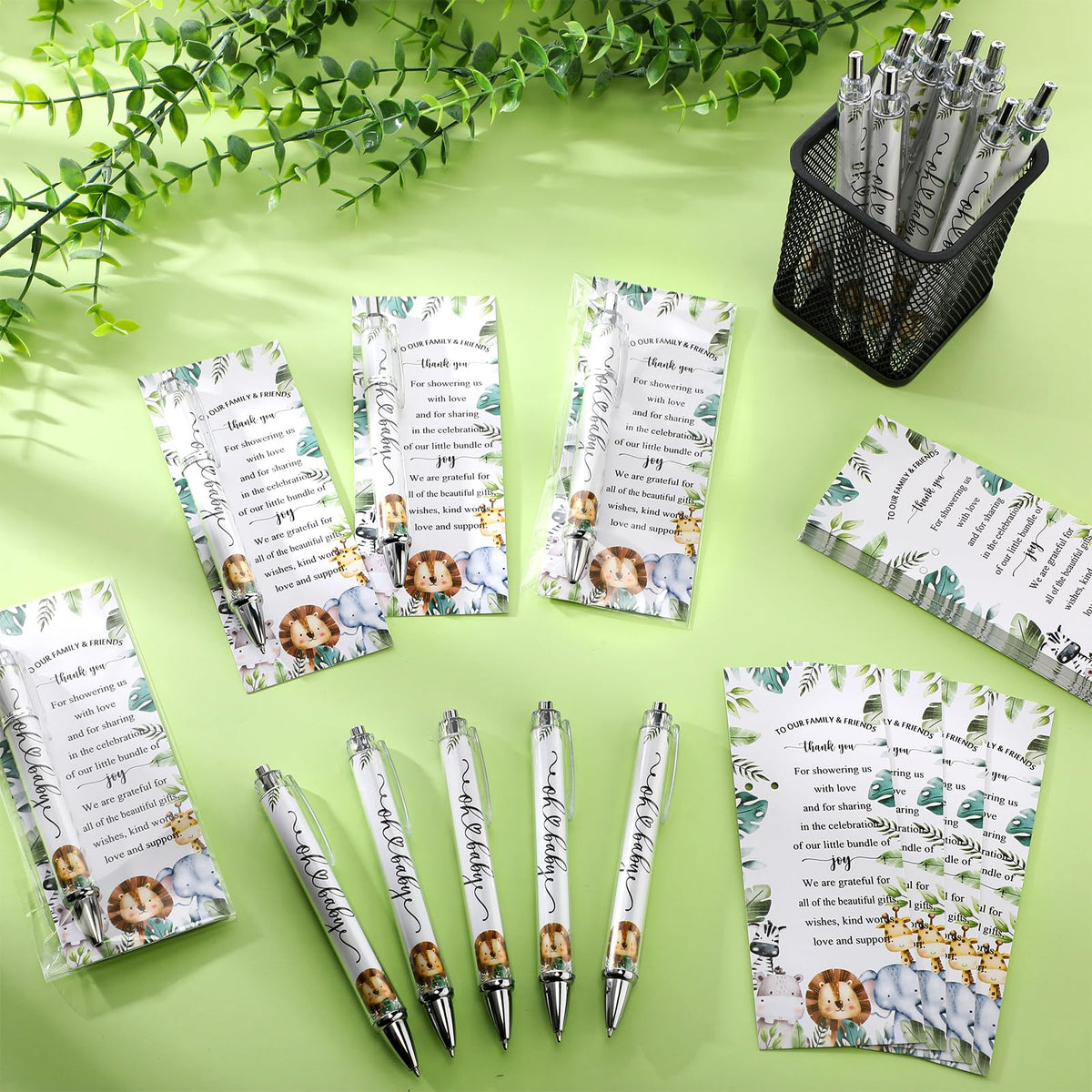 Dinifee 36 Sets Safari Baby Shower Favor, Ballpoint Pen with Greeting Card
