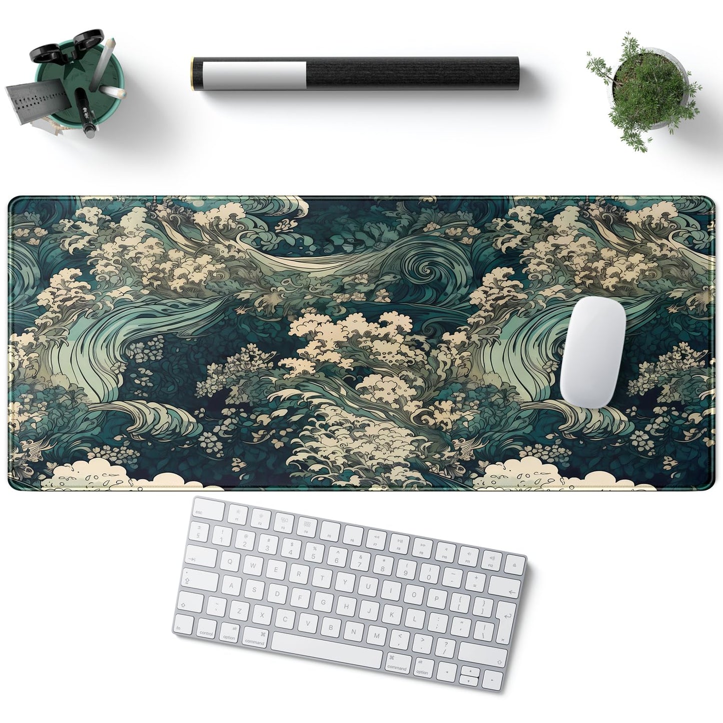 Japanese Large Mouse Pad Gaming Sea Wave Desk Pad Blue Sea Flower Art Aesthetics Desk Pad Non-Slip