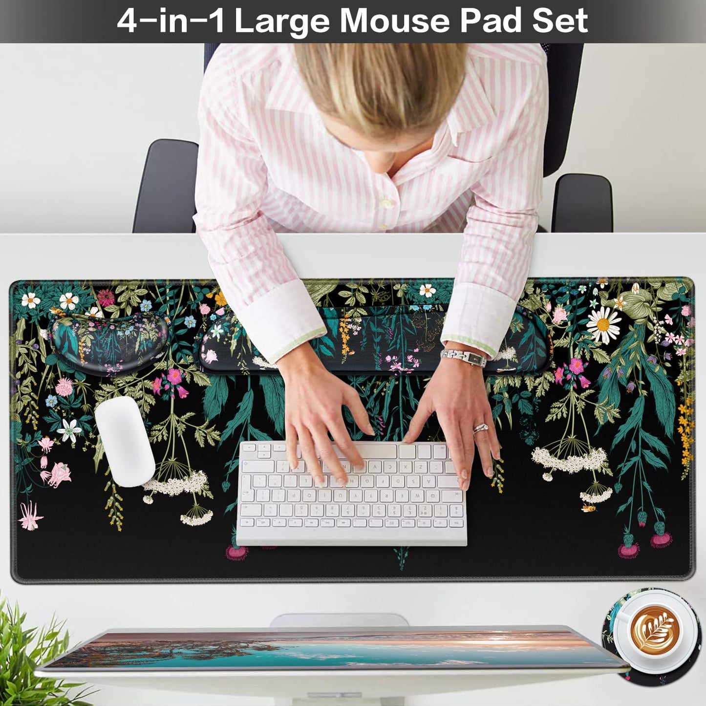 Desk Mat, Large Gaming Mouse Pad with Wrist Rest, 4in1 XXL Mousepad Floral