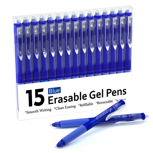 Lineon Erasable Gel Pens, 15 Pack Blue Retractable Erasable Pens Clicker, Fine Point, Make Mistakes