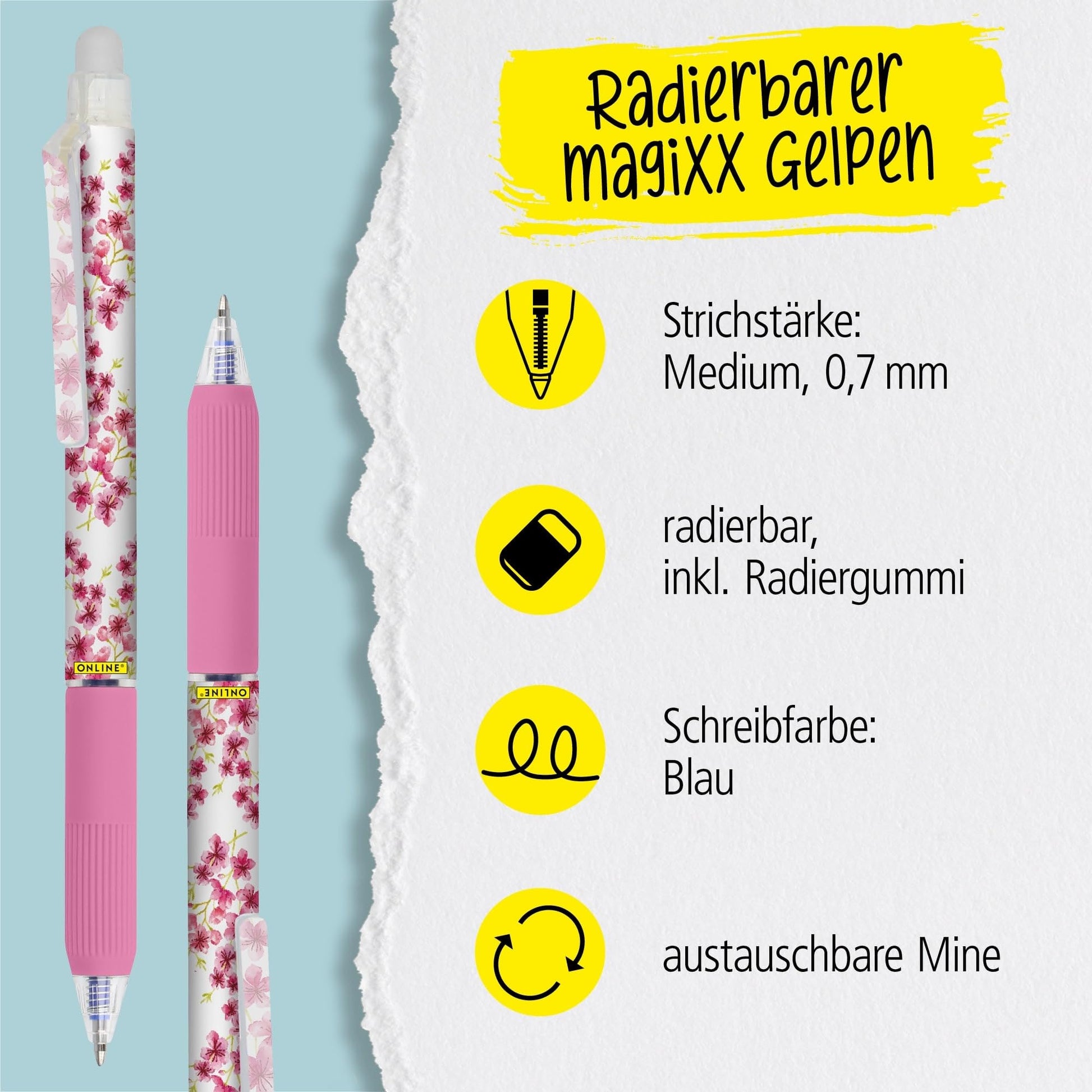Online magiXX Erasing Pen Cherry Blossom I Gel Pen Blue Erasable with 0.7 mm Line Width I