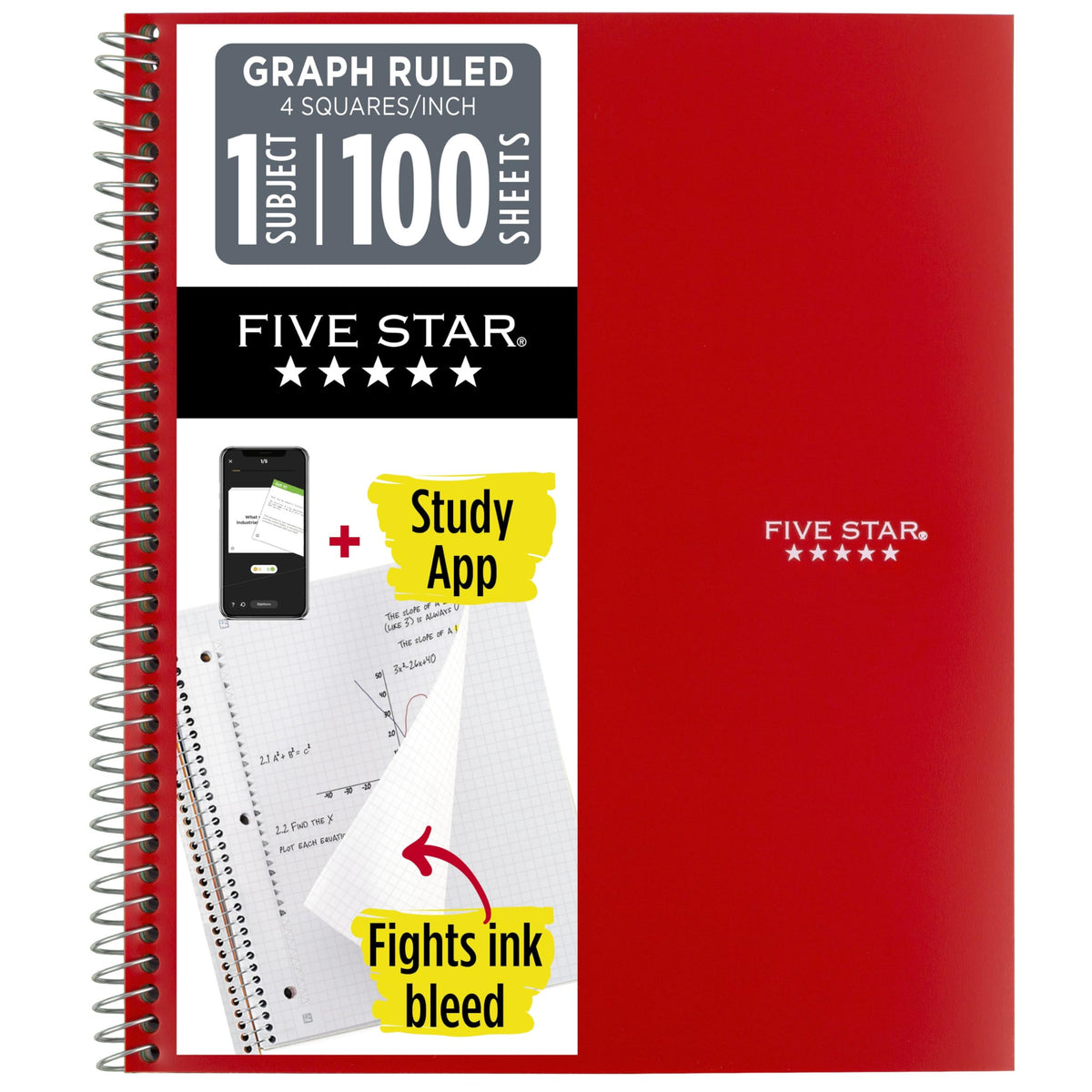 Five Star Spiral Notebook + Study App, 1 Subject, Graph Ruled Paper, 8-1/2" x 11", 100 Sheets