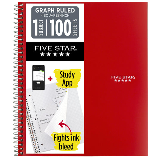 Five Star Spiral Notebook + Study App, 1 Subject, Graph Ruled Paper, 8-1/2" x 11", 100 Sheets