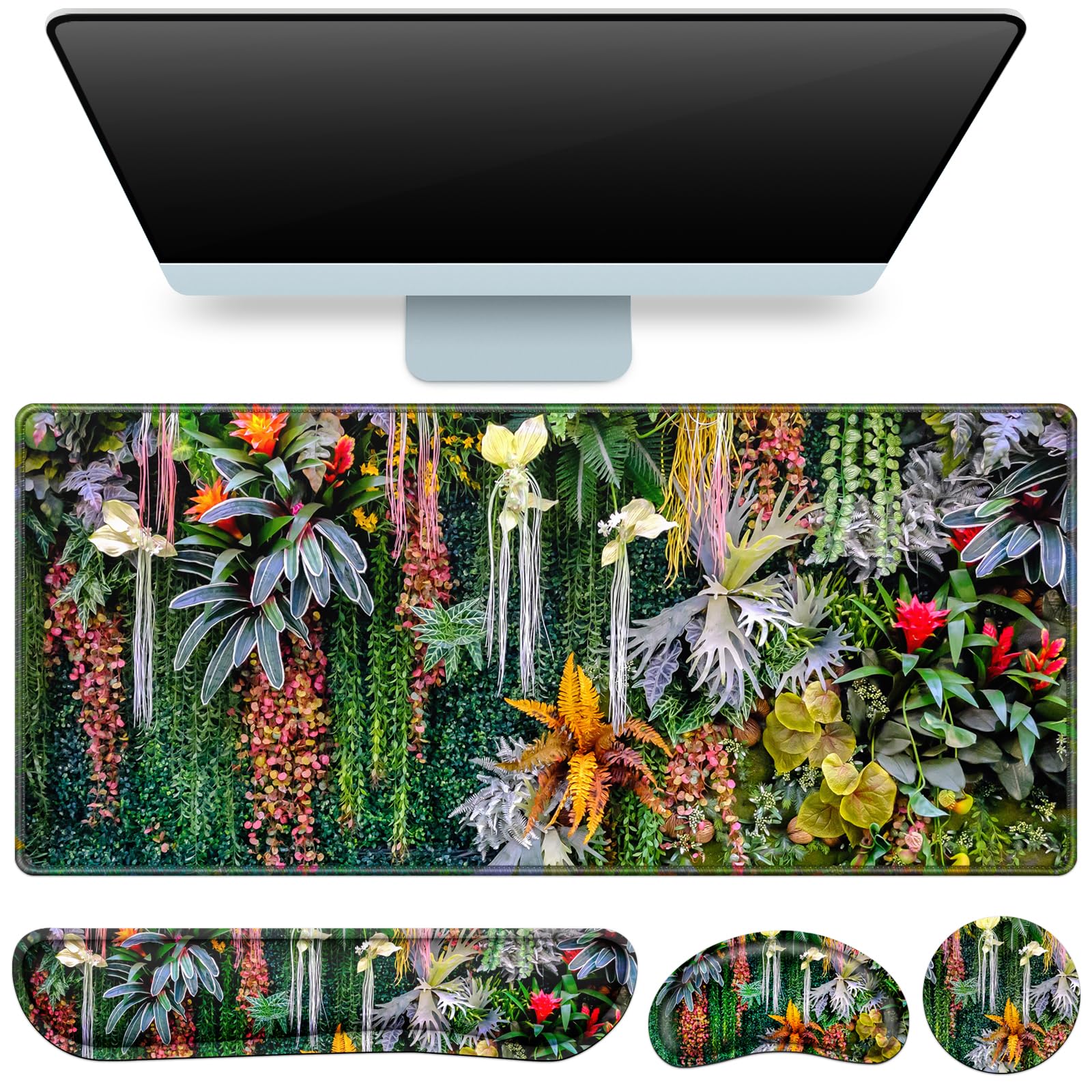 Desk Mat Floral, Large Gaming Mouse Pad with Wrist Rest 4in1 XXL