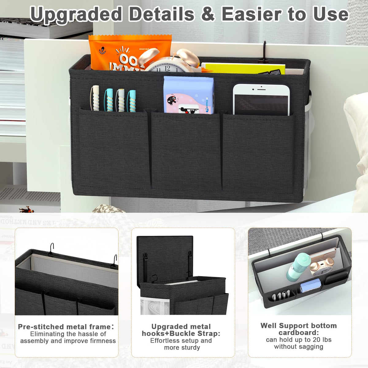 Bedside Caddy Storage Organizer for Bed Rails, Bed Caddy with 6 Pockets