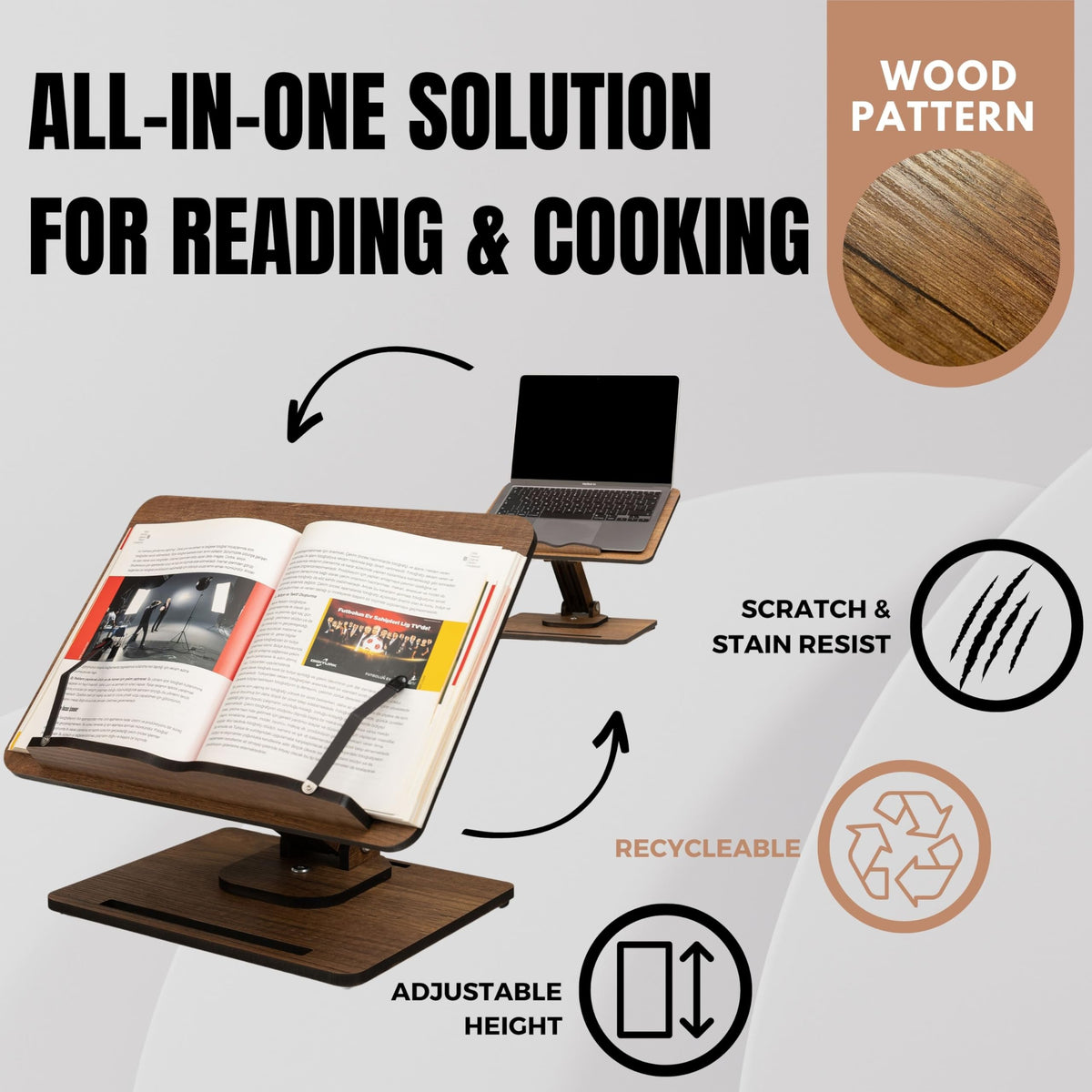Vigo Wood 360° Rotating Book Stand, Tilt and Height Adjustable Laptop and Cookbook Holder, Foldable