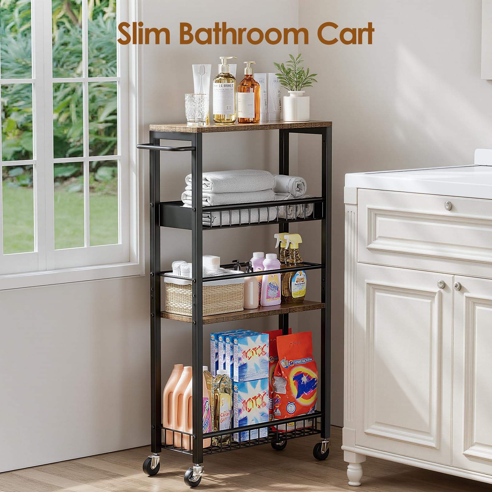Kssiaz Slim Rolling Storage Cart, 4 Tier Narrow Storage Cart, 7.1in(W)