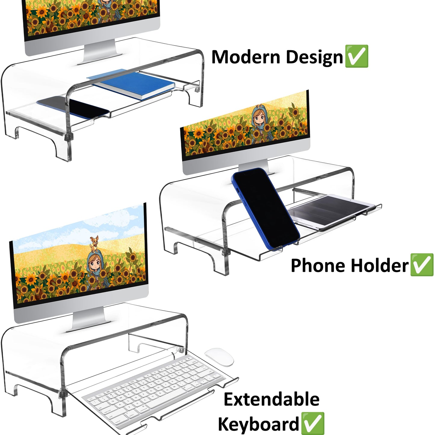 AMT 2 Tier 5.7 Inch High Acrylic Laptop Monitor Stand & Computer Riser with Cat Keyboard Protector