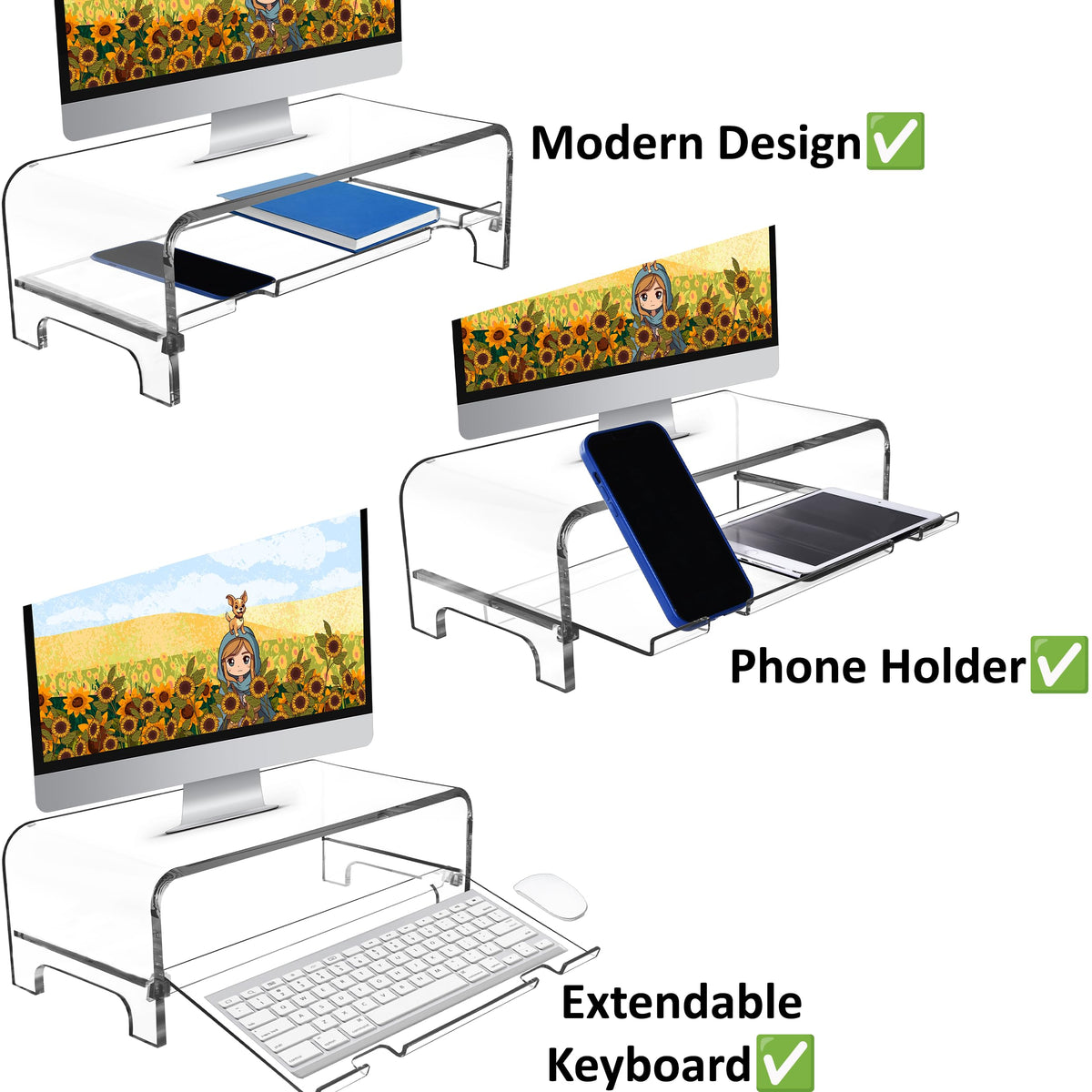 AMT 2 Tier 5.7 Inch High Acrylic Laptop Monitor Stand & Computer Riser with Cat Keyboard Protector