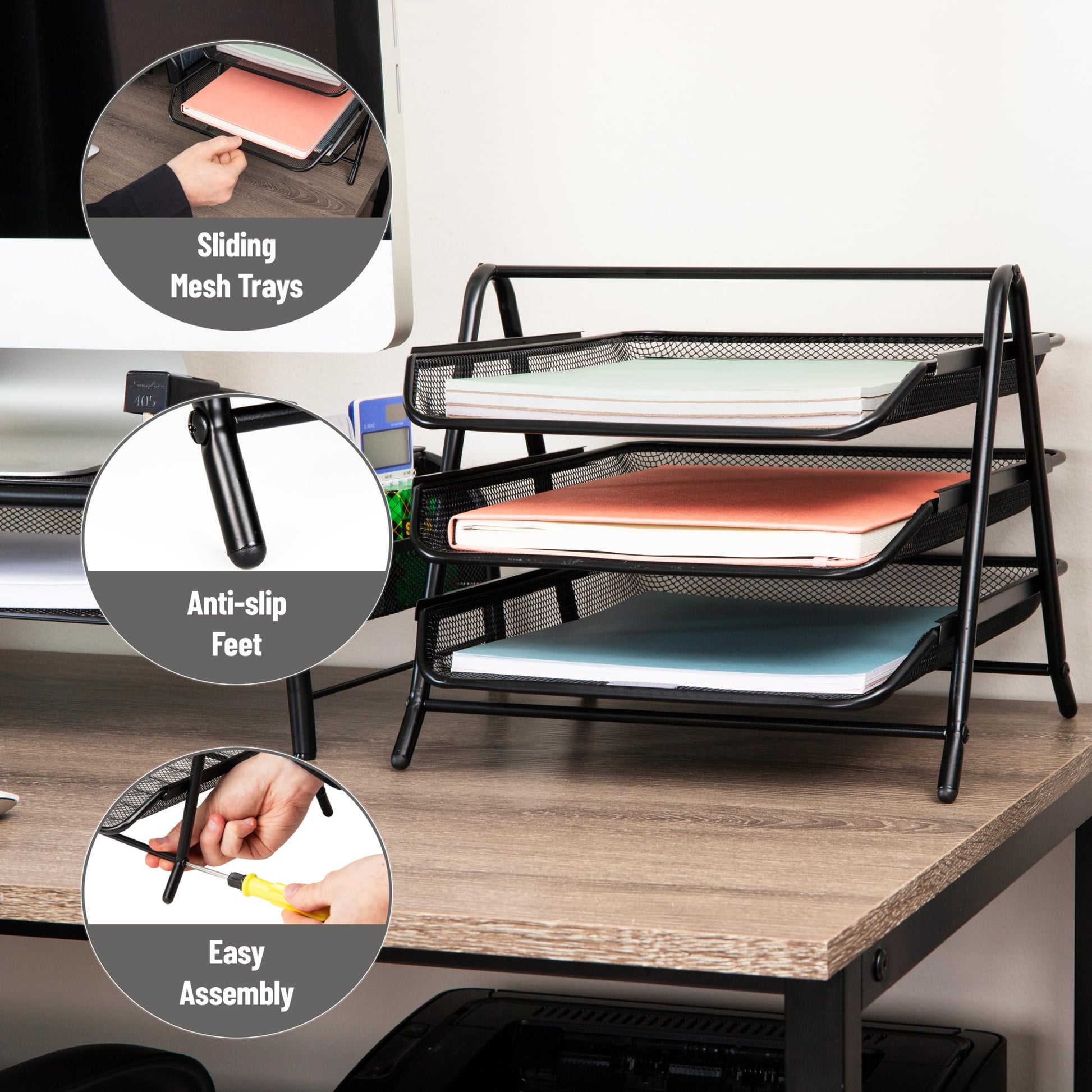 Mind Reader 3-Tier Paper Tray, Desktop Organizer, File Storage, Workspace, Office, Metal Mesh