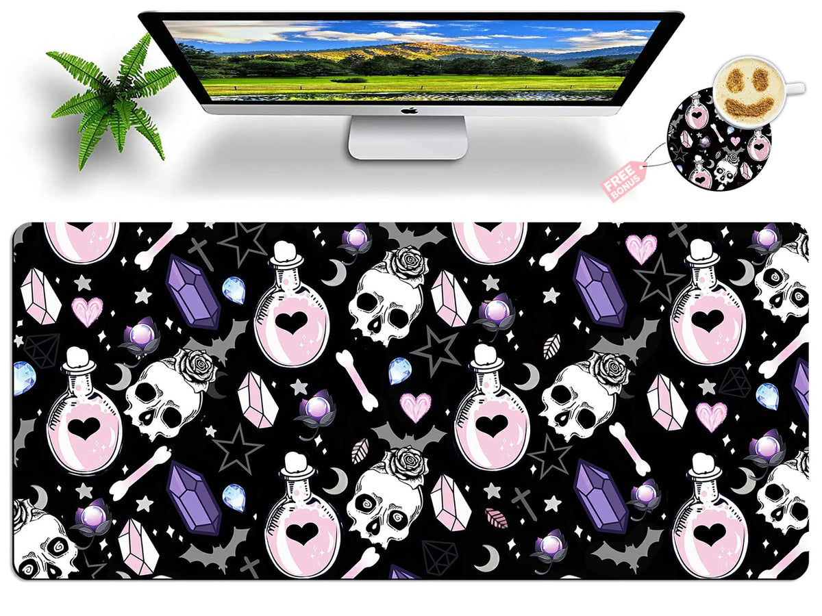 Mouse Pad Large with Coaster, 35.4"x15.7" Skull Goth Magic Cute Witchy Theme Design Full Desk