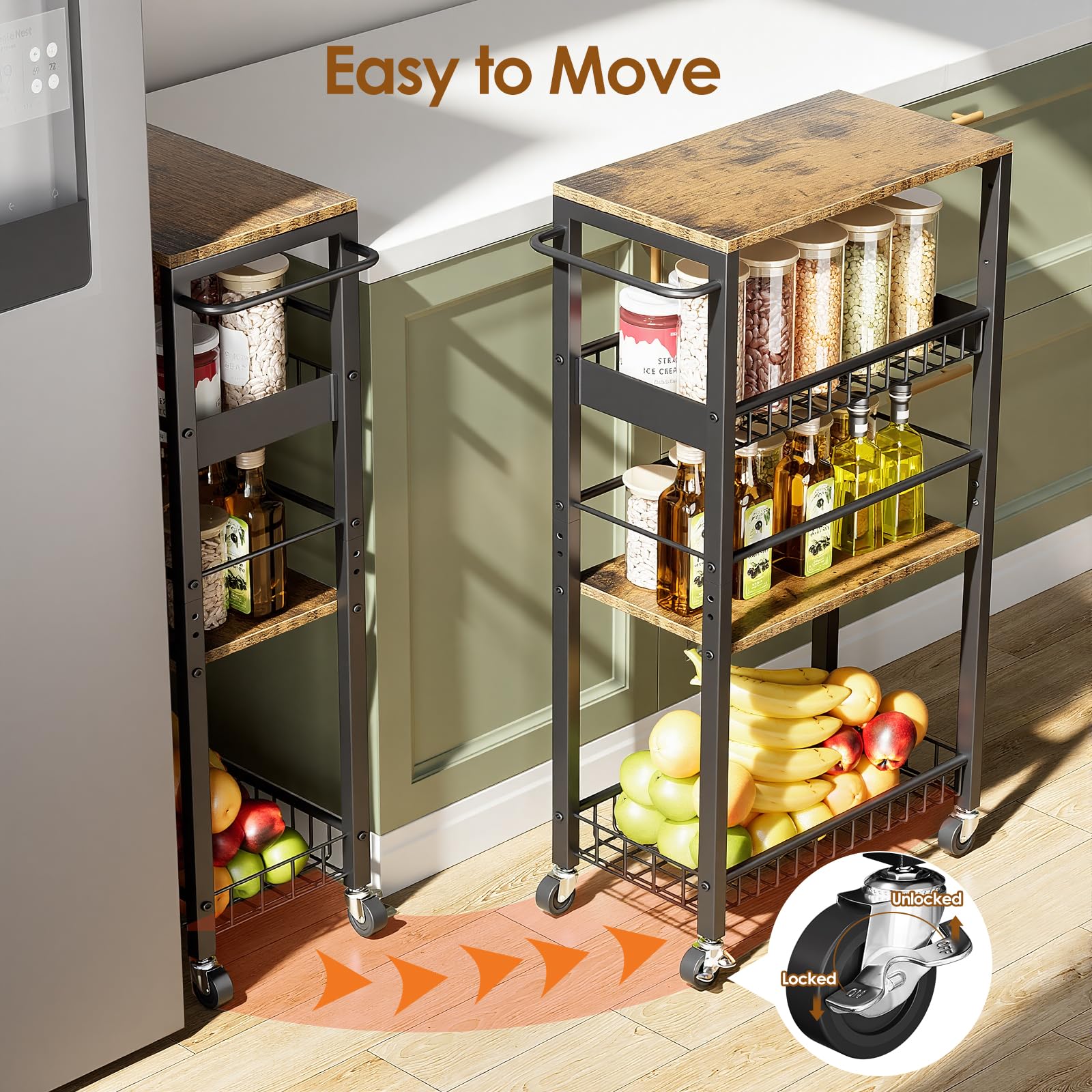 Kssiaz Slim Rolling Storage Cart, 4 Tier Narrow Storage Cart, 9.1in(W)