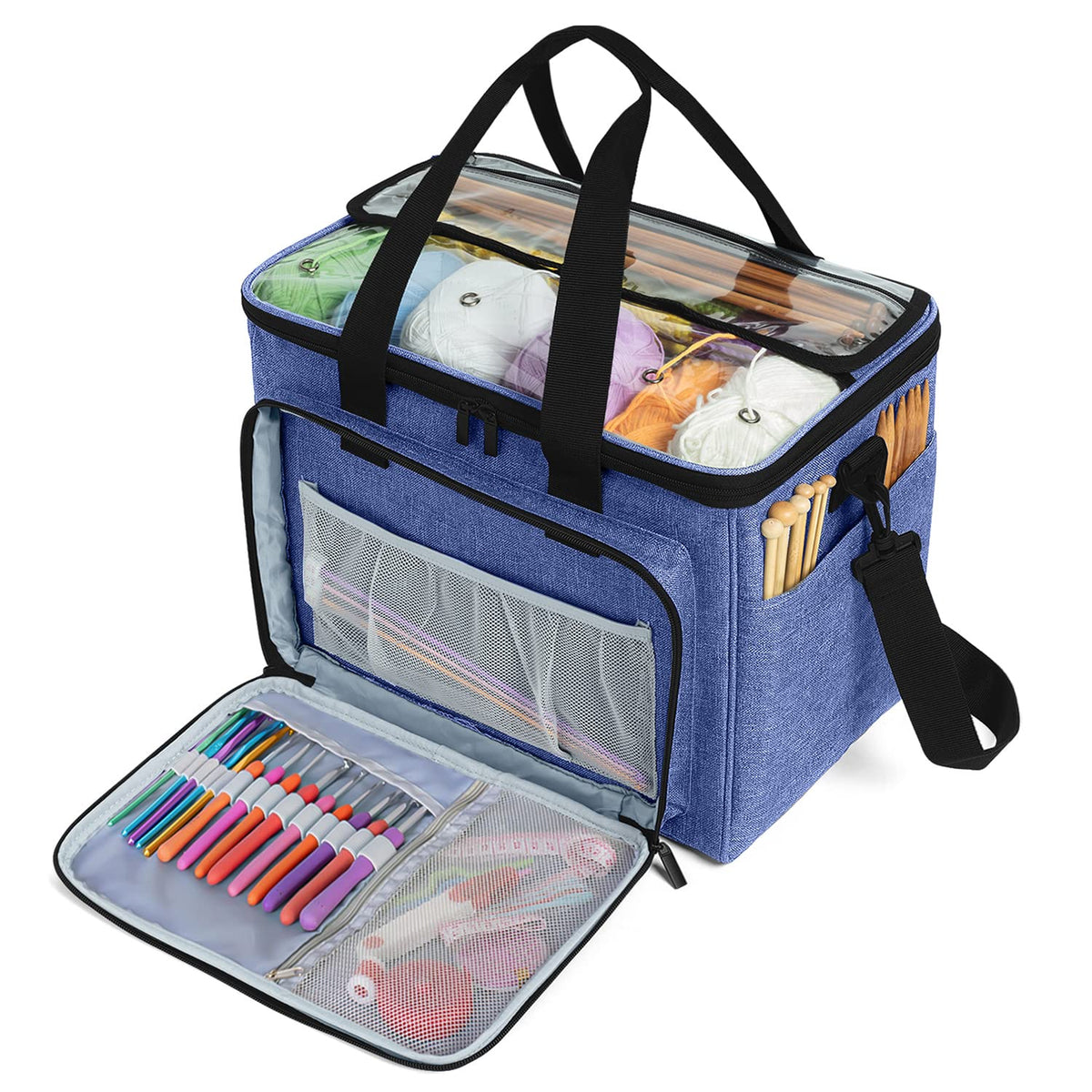 Teamoy Knitting Bag, Yarn Storage Organizer Crochet Bag Tote, Dark Blue