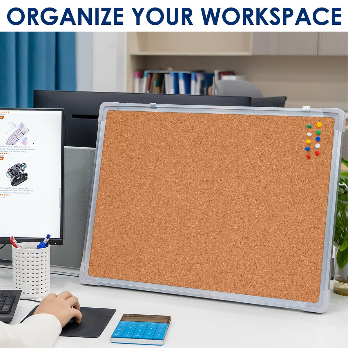 Cork Board 24x18 in, Framed Wall Hanging Bulletin Board with 10 Thumb Tacks