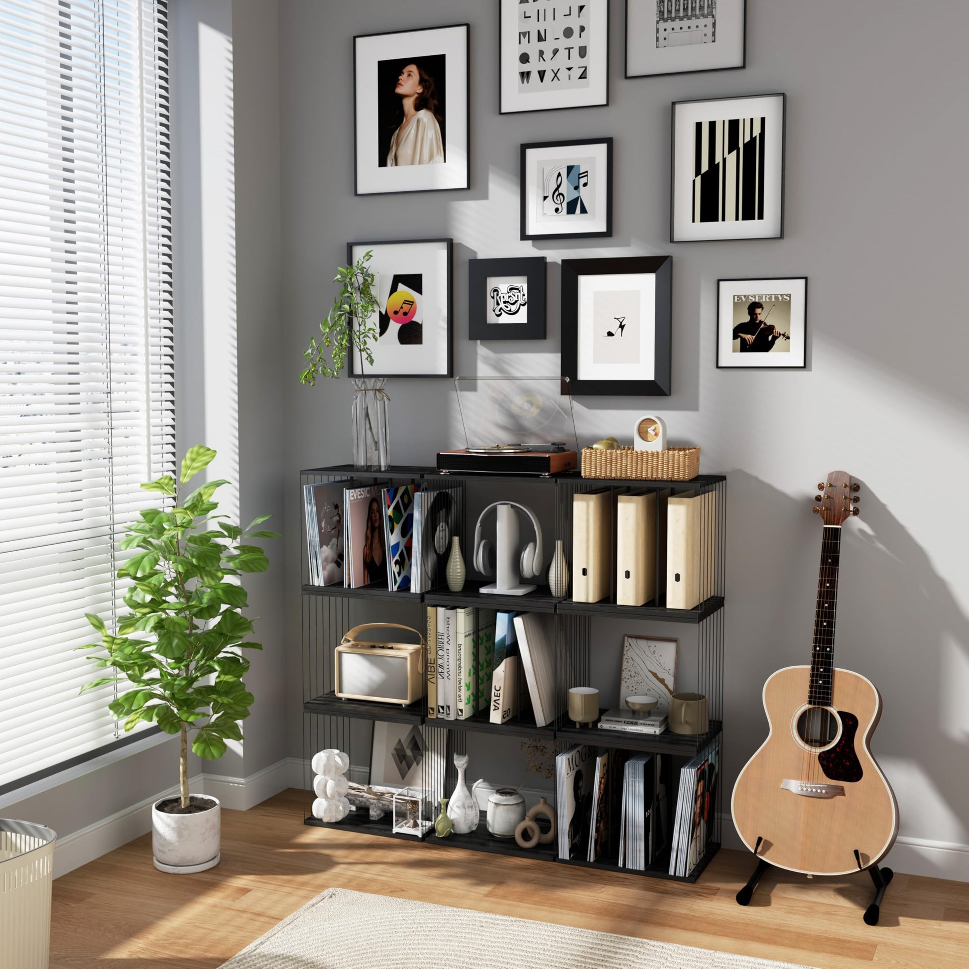 Emfogo Vinyl Record Storage, Metal & Wooden Vinyl Record Holder Up to 80 Album, 3-Compartment