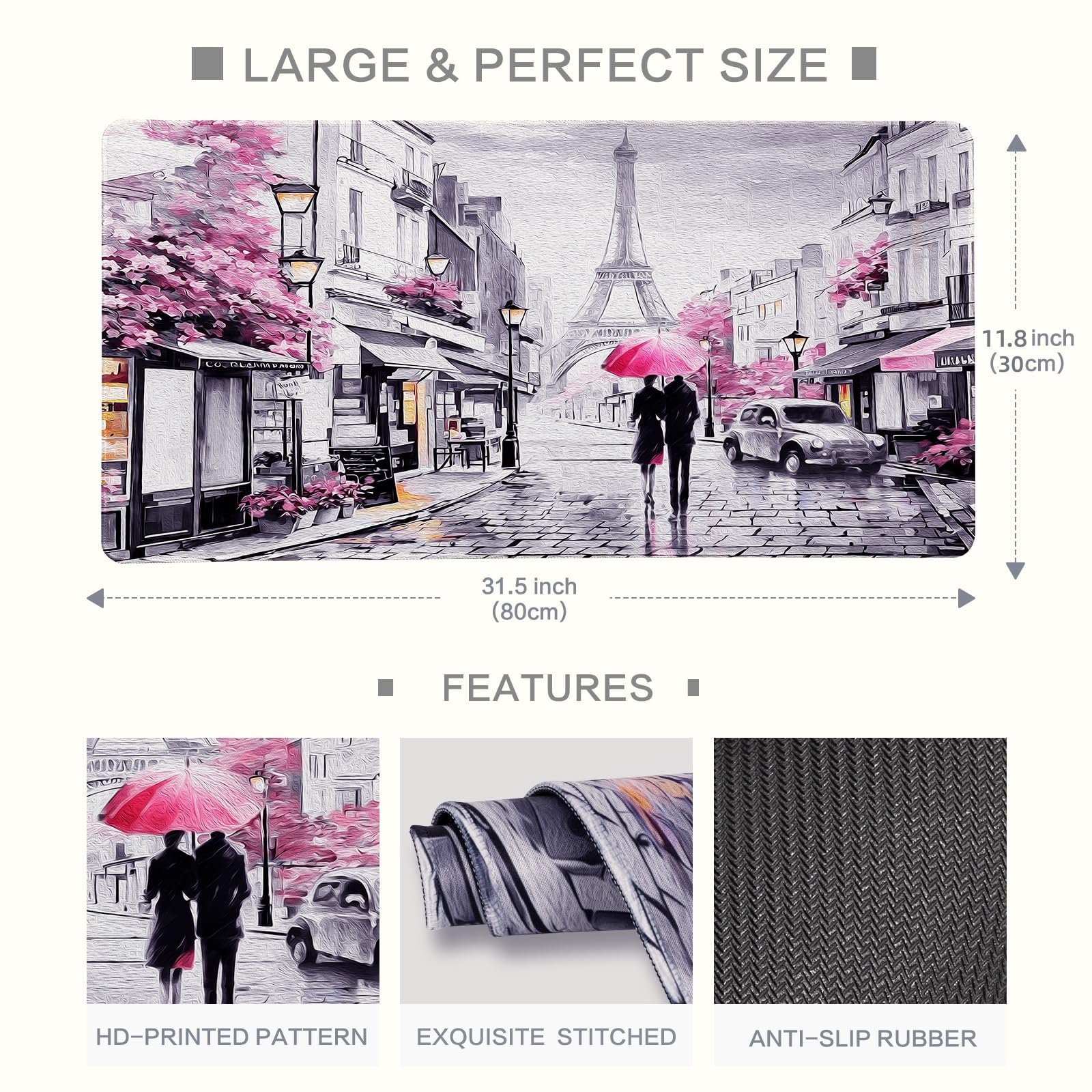 Lokigo Paris Eiffel Tower Desk Pad,Mouse Pad,Romantic Vintage Gray Pink Large Desk Mat for Girls
