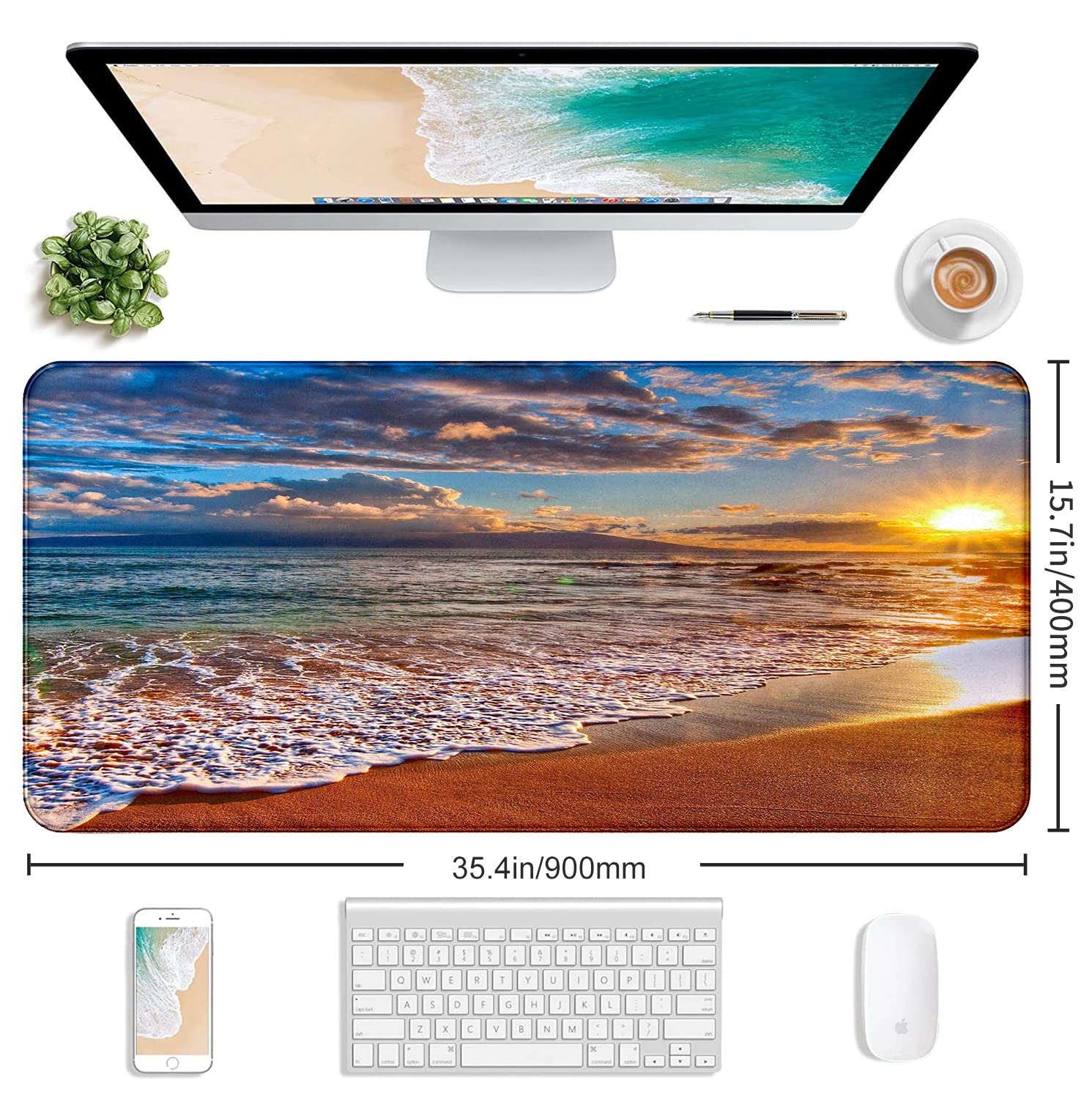 Sunset Beach Large Gaming Mouse Mat with Stitching Edges, Office Desk Mat