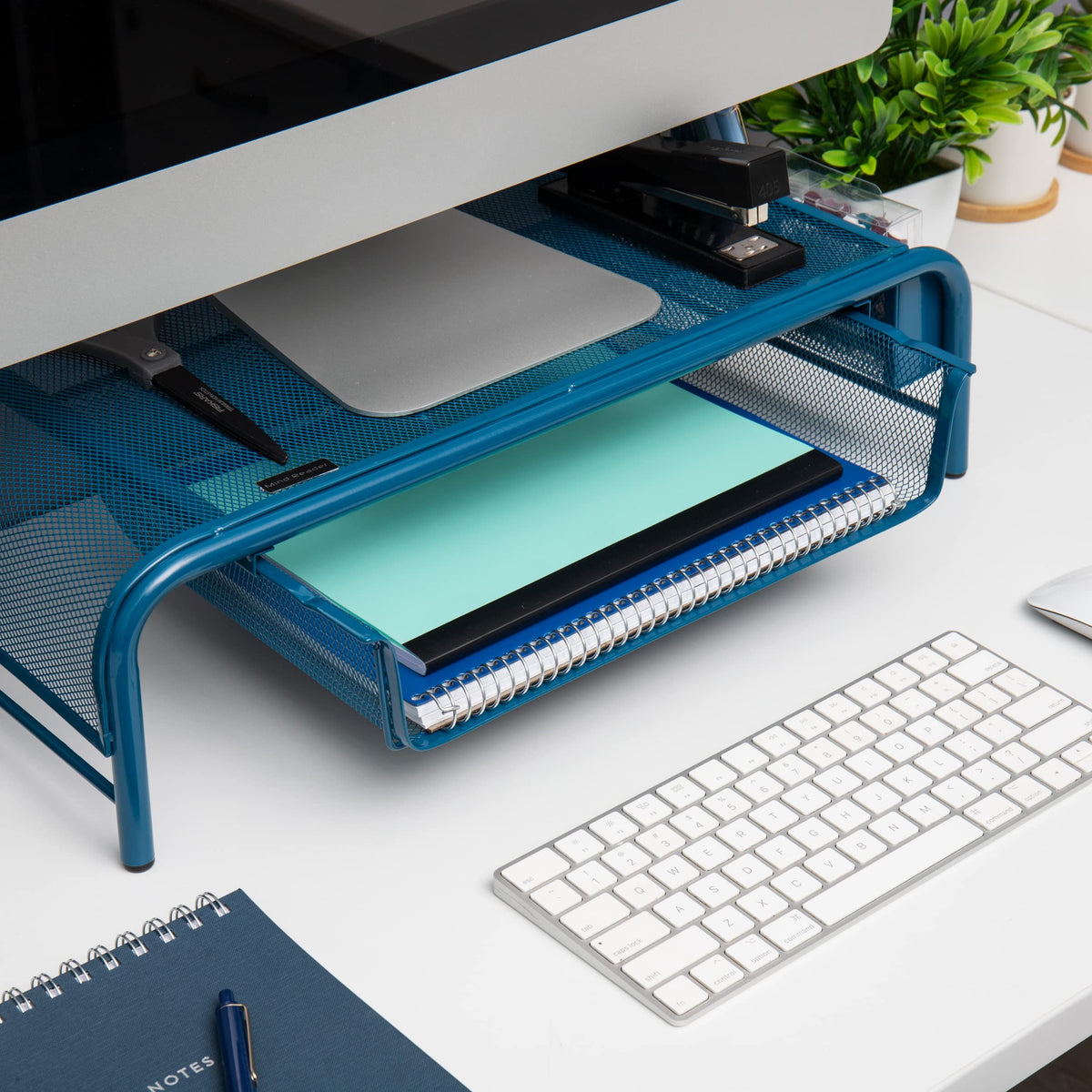 Mind Reader MESHMONSTA-TUR Metal Mesh Desk Drawer, Desktop Monitor Stand Organizer, Turquoise