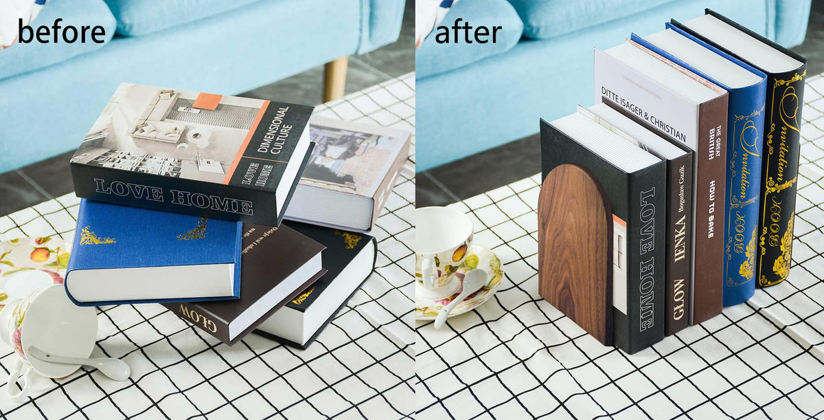 Large Bookend Hold Heavy Books-7x4x5in 3 Pack Non-Skid Wood Bookends Walnut