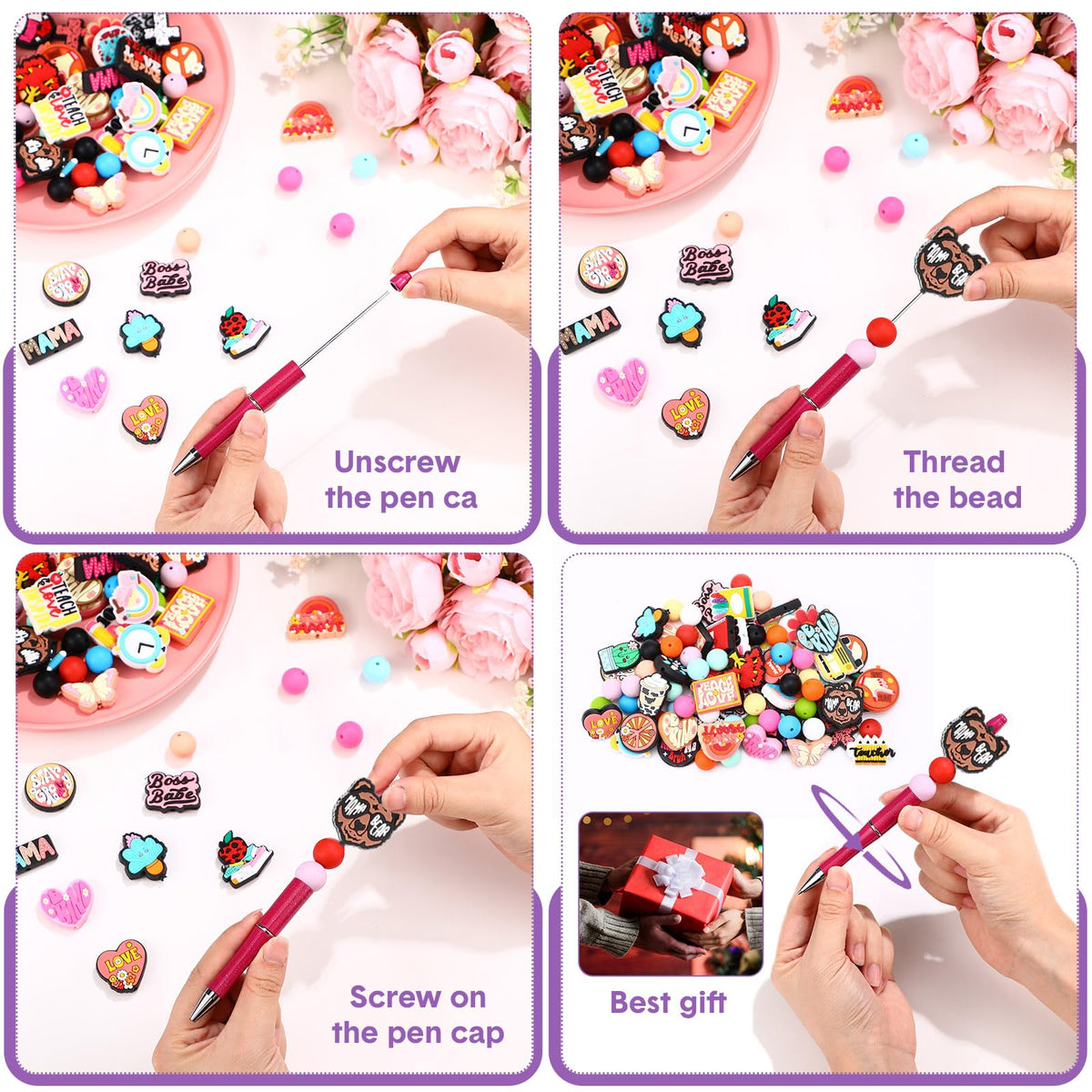 Humyoun 122 Pcs Beadable Pen DIY Kit with Silicone Beads, Bright Style