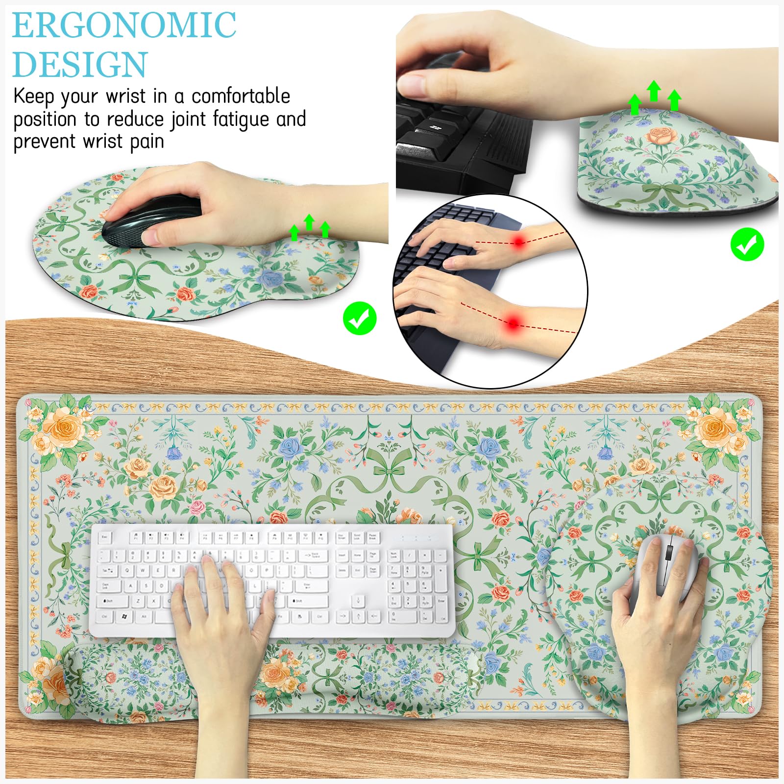 LIMKRIAN Floral Desk Mat Set, Cute Green Mouse Pad with Gel Wrist Rest