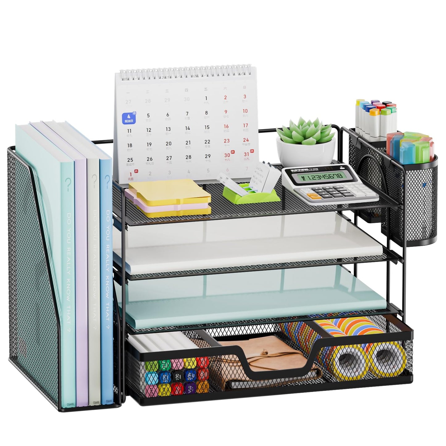 Marbrasse 4-Tier Paper Tray Organizer with Drawer and Pen Holder, Black
