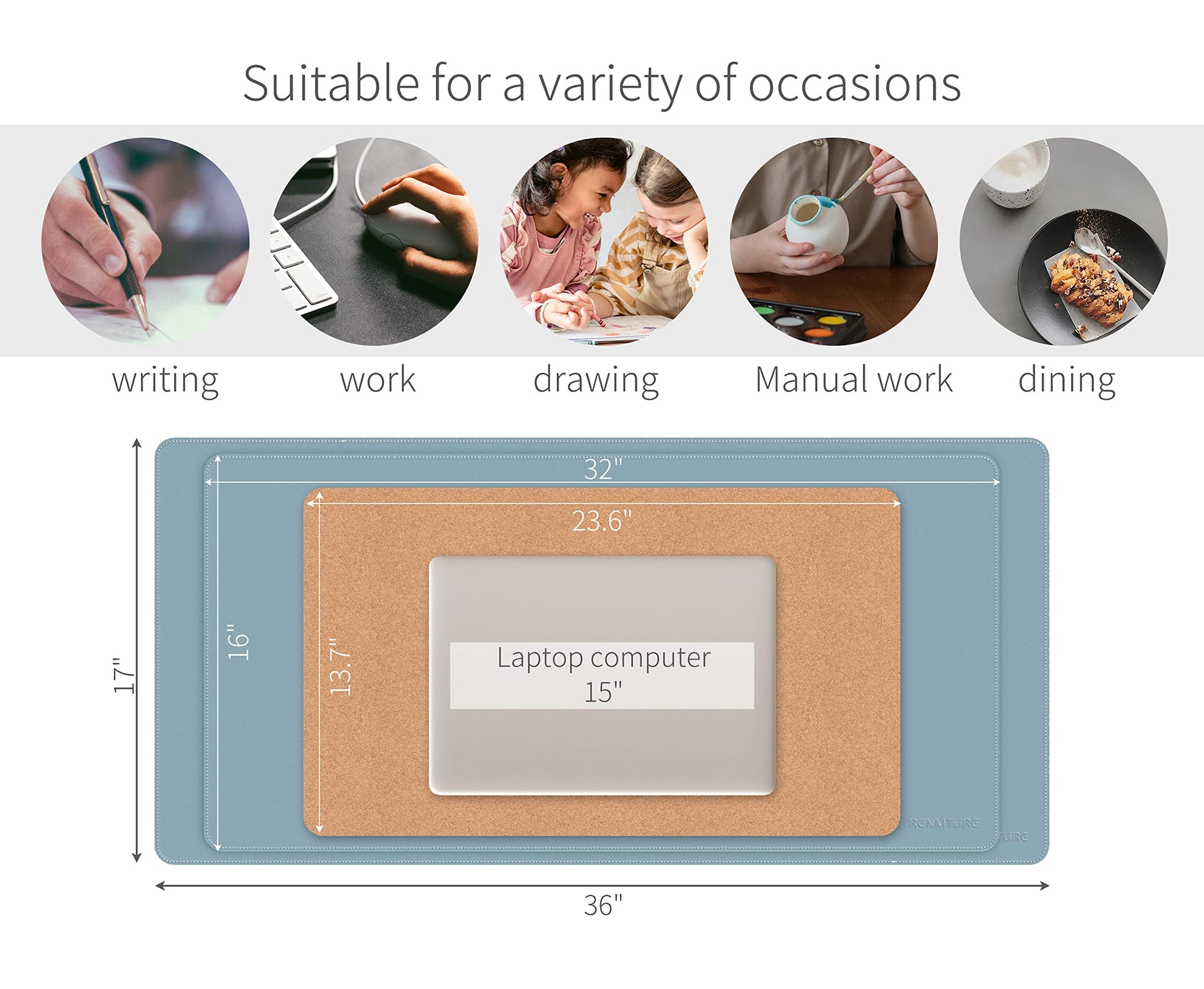 RENMTURE Dual-Sided Mouse Pad, Natural Cork & PU Leather Large Desk Pad for Office and Home Work
