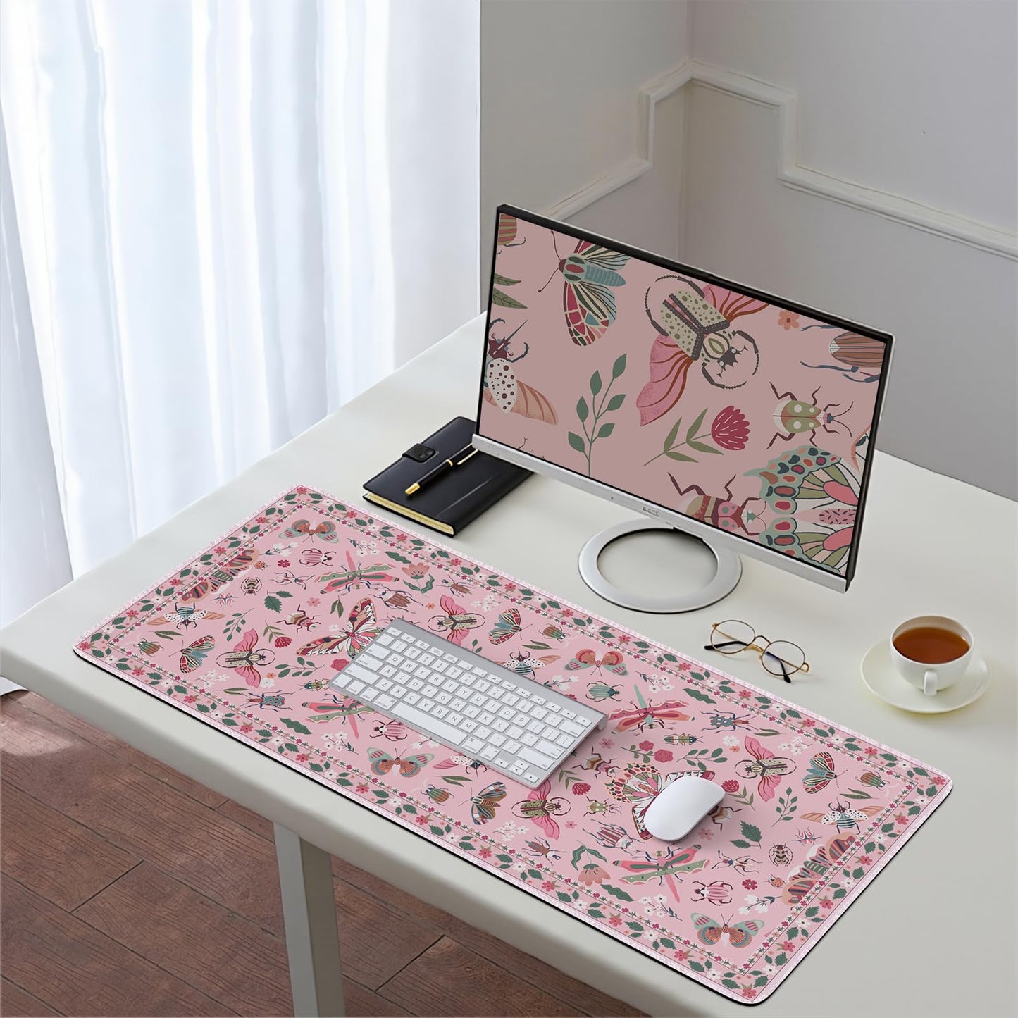 HAOCOO Cute Desk Mat for Women, Pink Keyboard and Mouse Pad for Desk