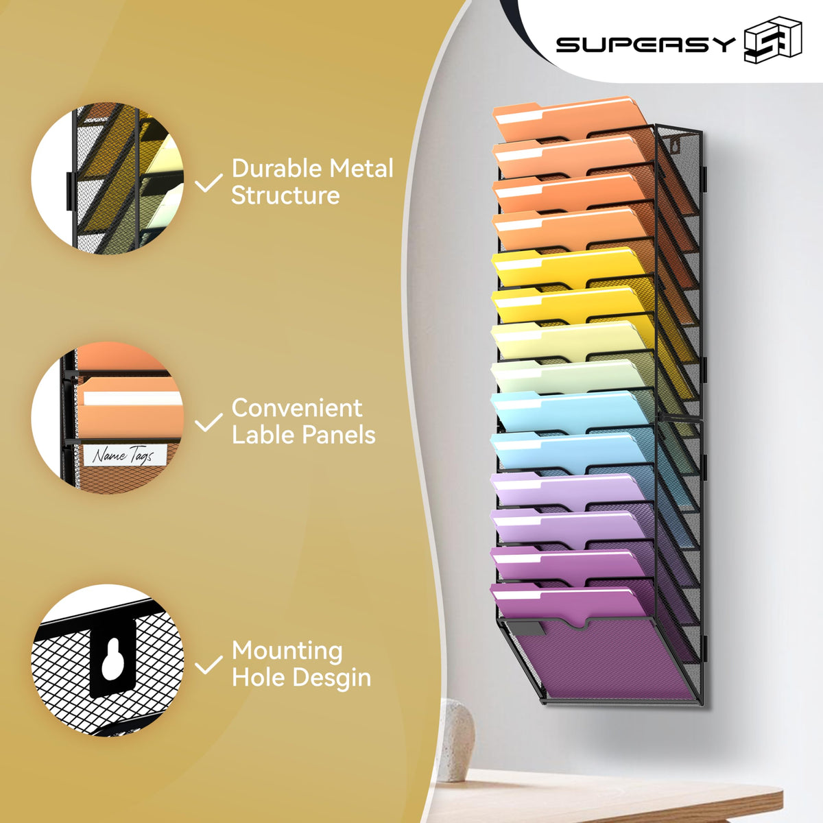 SUPEASY 14-Tier Wall File Organizer, Mesh Hanging Wall Mount File Holder