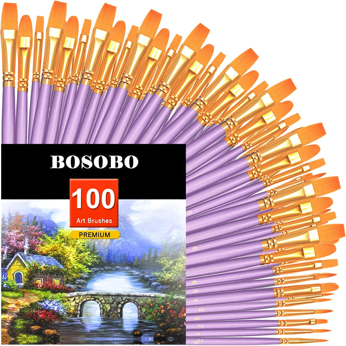 BOSOBO Paint Brushes Set, 10 Pack 100 Pcs Round Pointed Tip Paintbrushes Nylon Hair Artist Acrylic