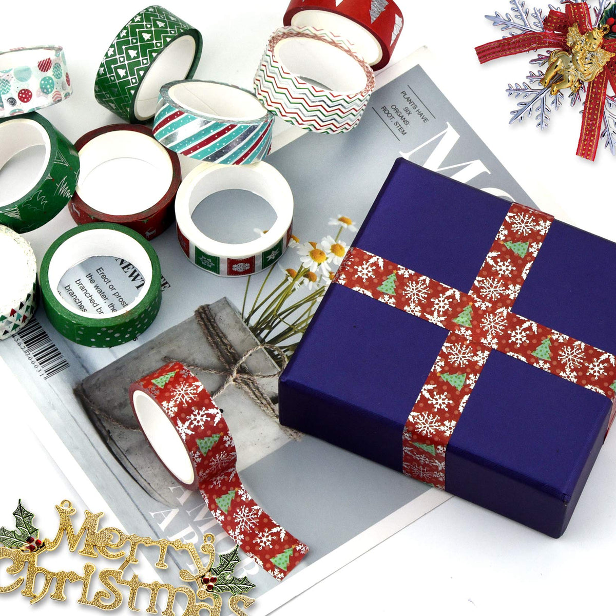 Bskifnn 12 Rolls Christmas Washi Tape 0.6" x 16.4ft Silver Foil Merry Christmas Masking Tape Great