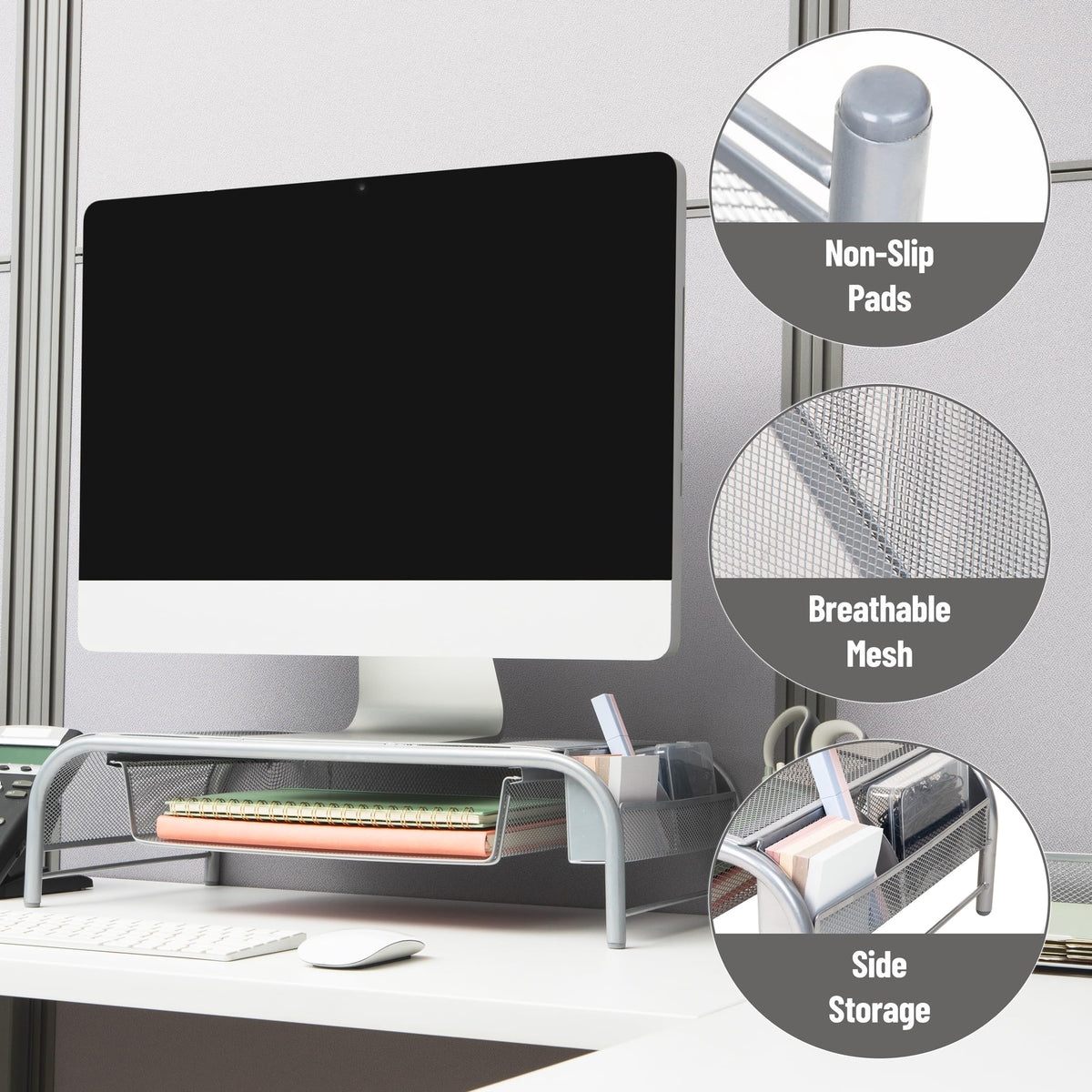 Mind Reader Monitor Stand, Ventilated Laptop Riser, Paper Tray, Storage, Office, Metal Mesh, 20"L x