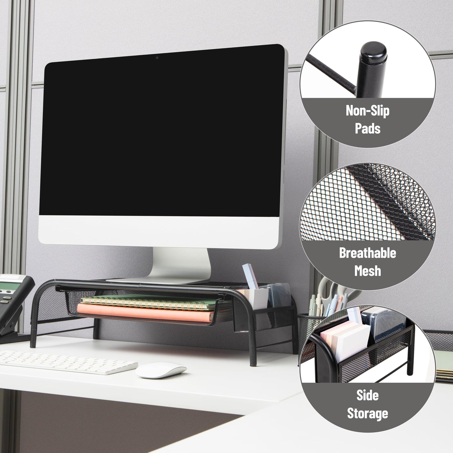 Mind Reader Monitor Stand, Ventilated Laptop Riser, Paper Tray, Storage, Office, Metal Mesh, 20"L x