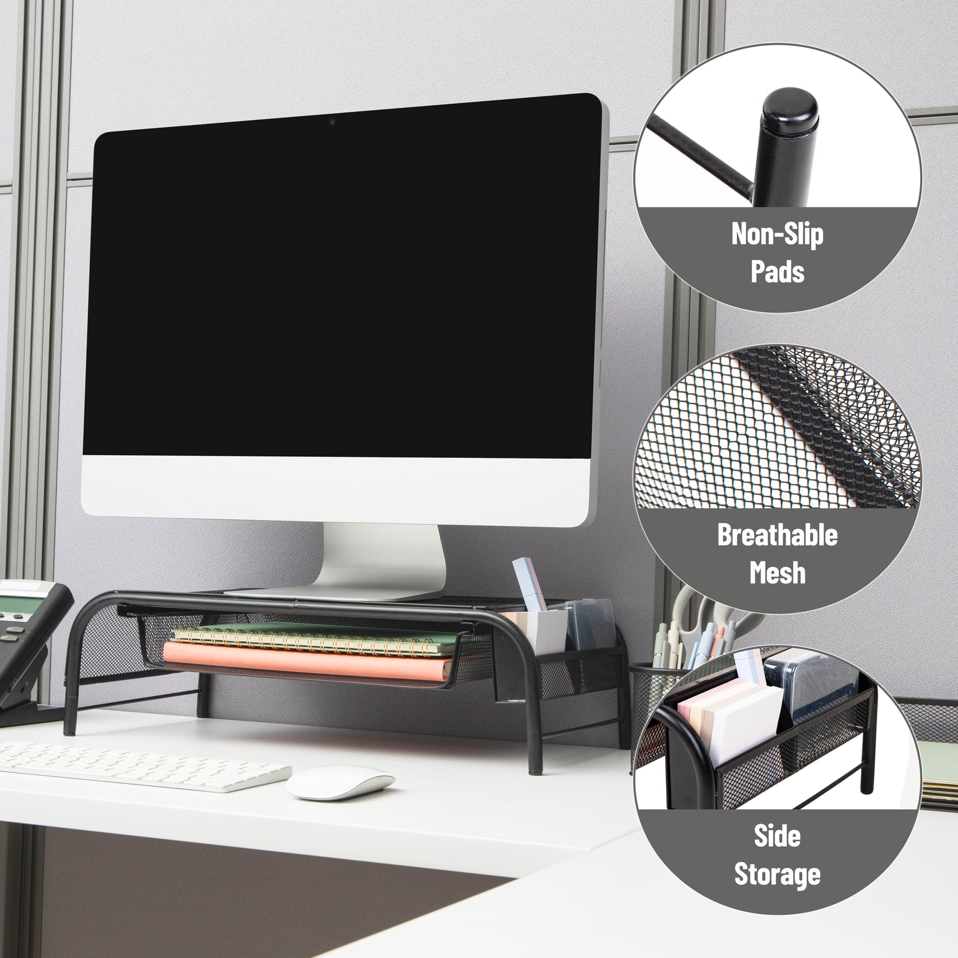Mind Reader Monitor Stand, Ventilated Laptop Riser, Paper Tray, Storage, Office, Metal Mesh, 20"L x